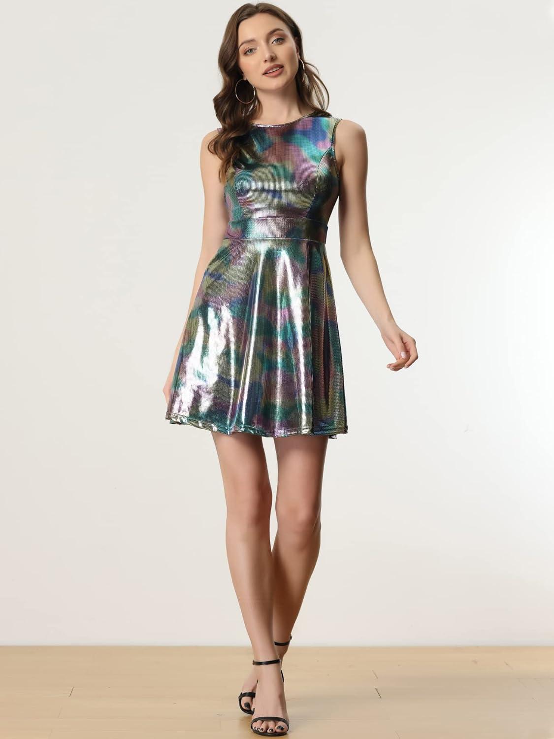 imageAllegra K Womens Metallic Sleeveless High Waist Club Party Disco Holographic DressMulticolor