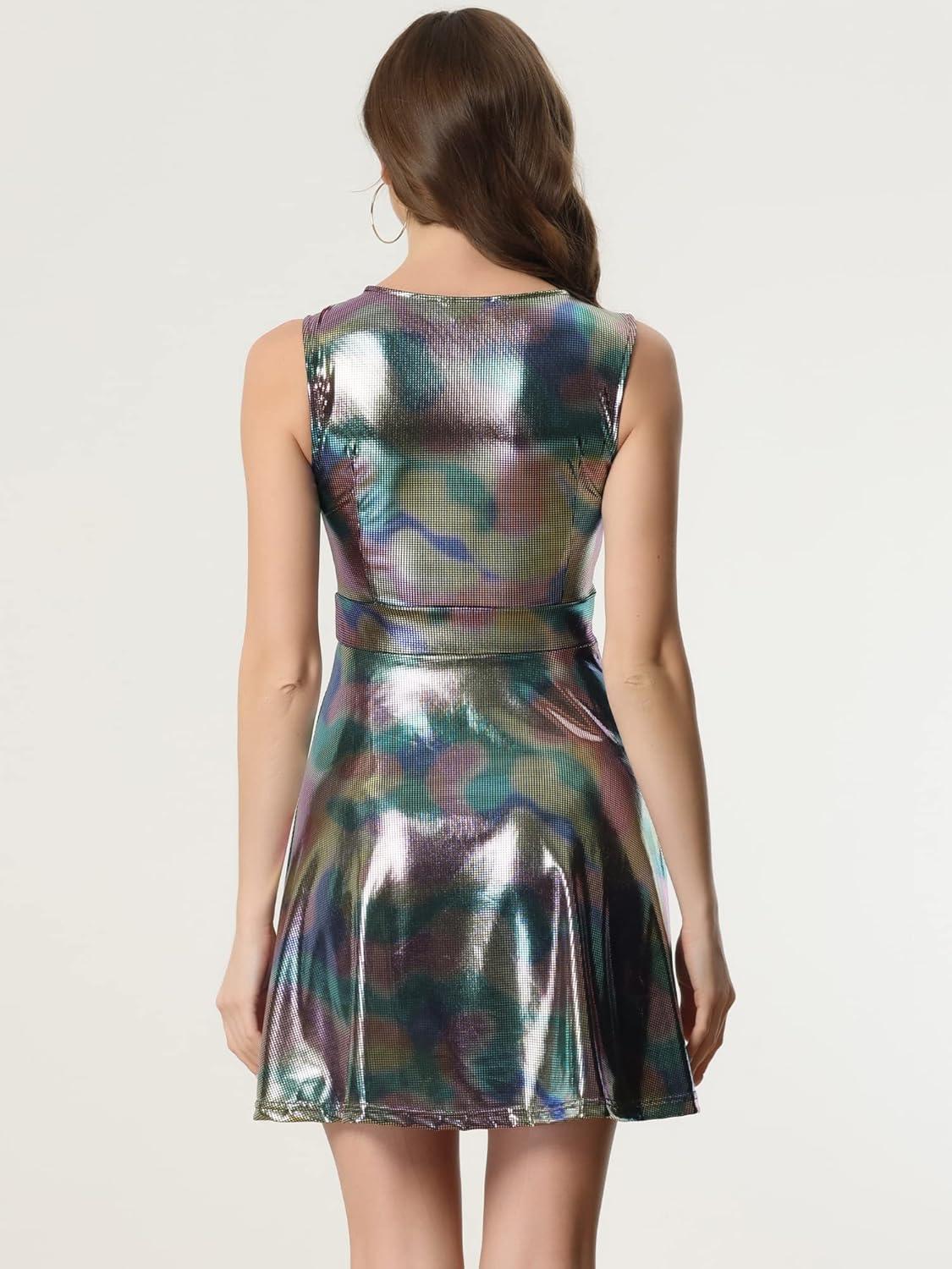 imageAllegra K Womens Metallic Sleeveless High Waist Club Party Disco Holographic DressMulticolor