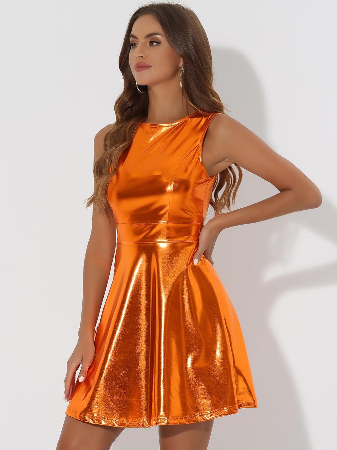 imageAllegra K Womens Metallic Sleeveless High Waist Club Party Disco Holographic DressOrange