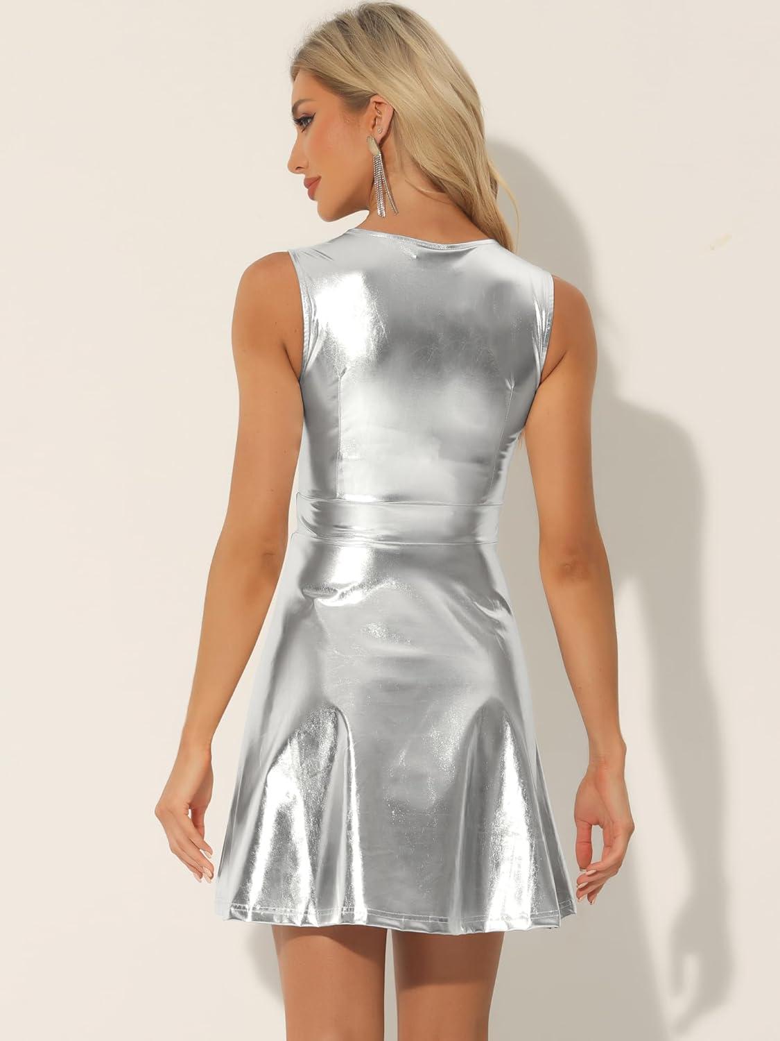 imageAllegra K Womens Metallic Sleeveless High Waist Club Party Disco Holographic DressShiny Silver