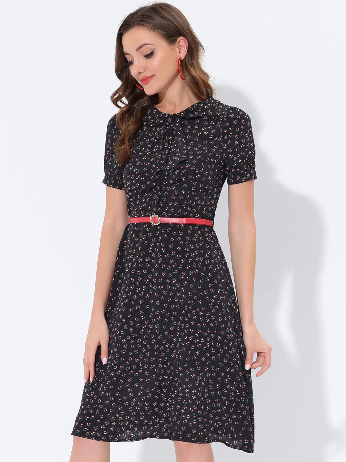 imageAllegra K Womens Peter Pan Collar Tie Neck Short Sleeves ALine Elegant Belted Vintage Floral DressBlack