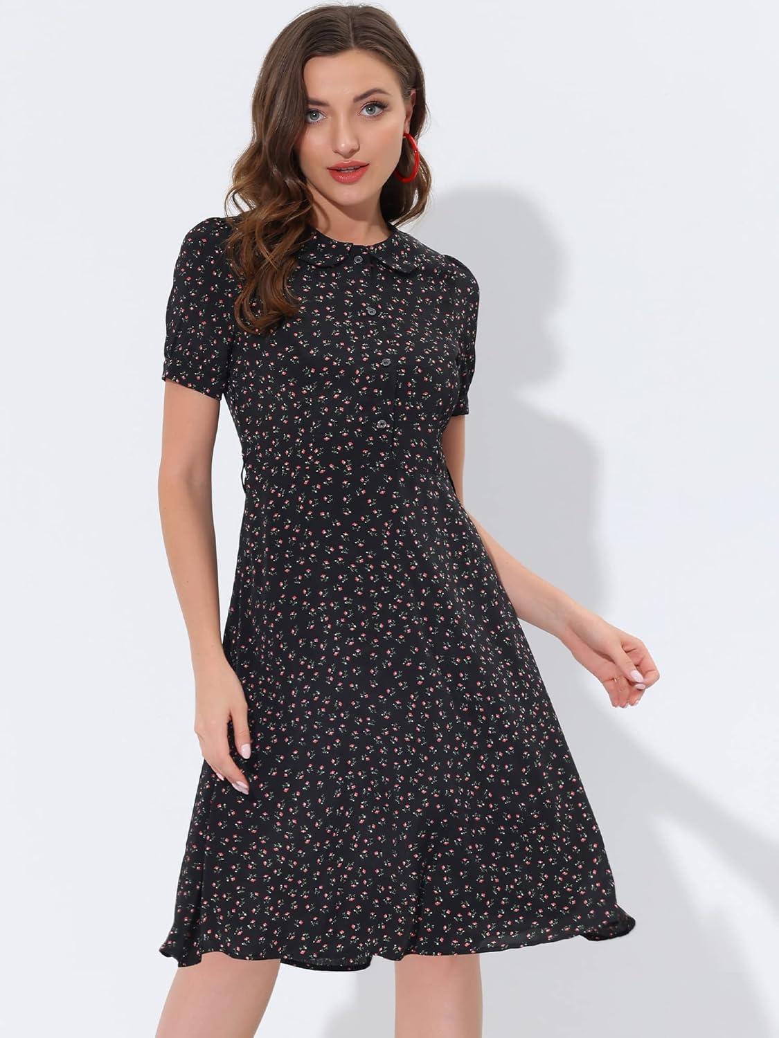 imageAllegra K Womens Peter Pan Collar Tie Neck Short Sleeves ALine Elegant Belted Vintage Floral DressBlack