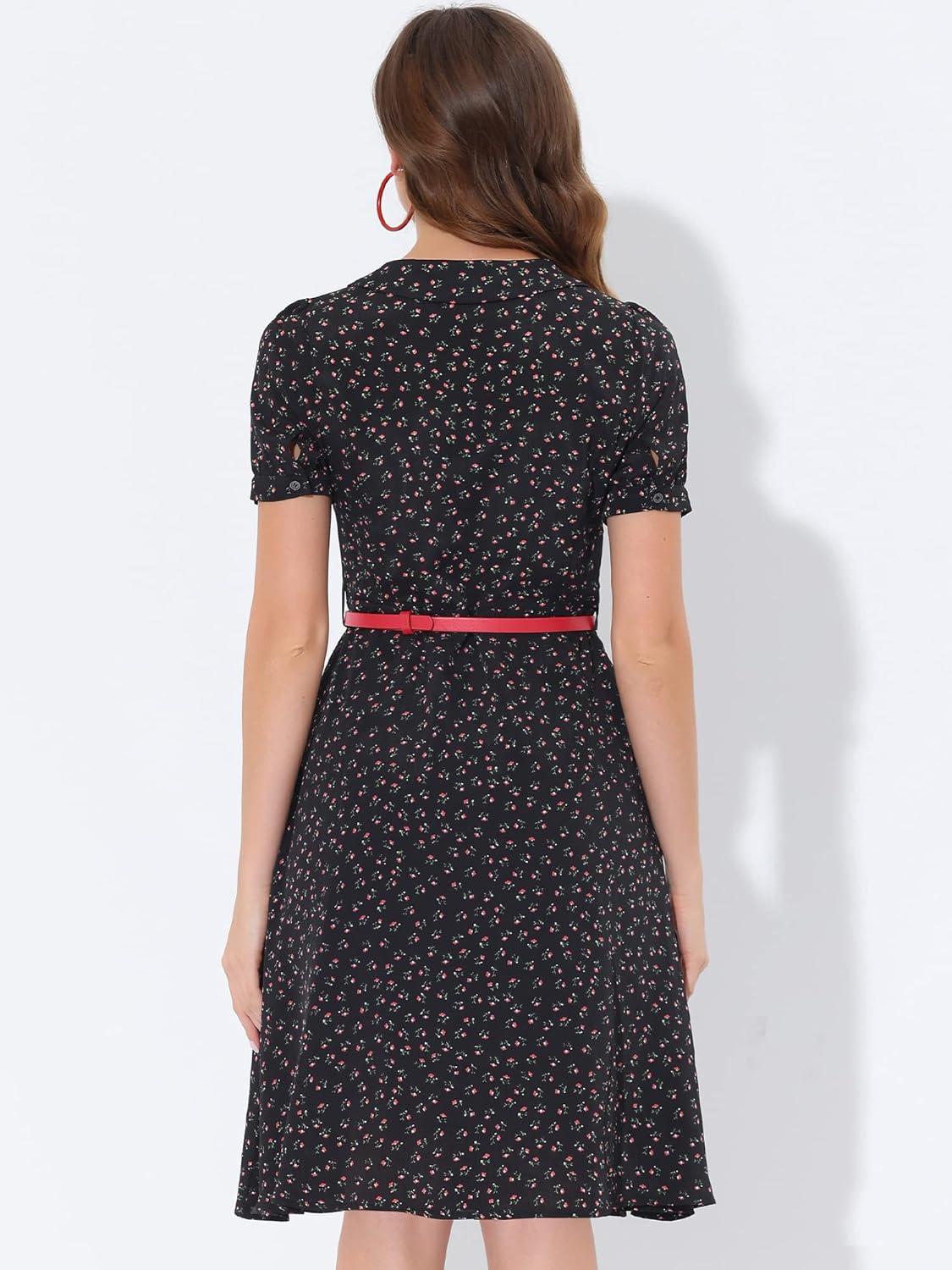 imageAllegra K Womens Peter Pan Collar Tie Neck Short Sleeves ALine Elegant Belted Vintage Floral DressBlack