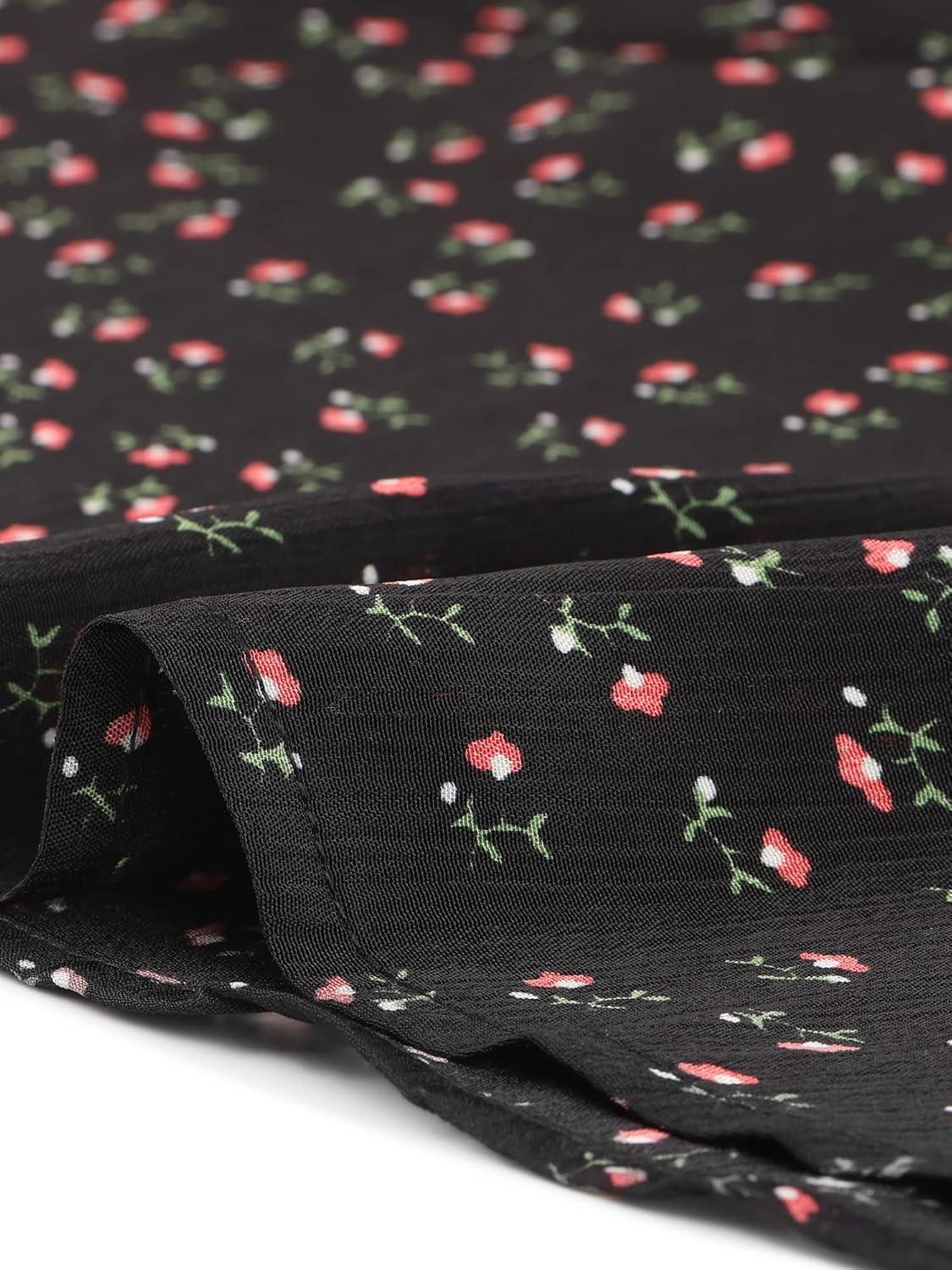 imageAllegra K Womens Peter Pan Collar Tie Neck Short Sleeves ALine Elegant Belted Vintage Floral DressBlack