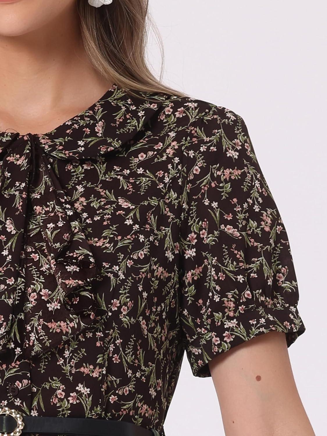 imageAllegra K Womens Peter Pan Collar Tie Neck Short Sleeves ALine Elegant Belted Vintage Floral DressBrown