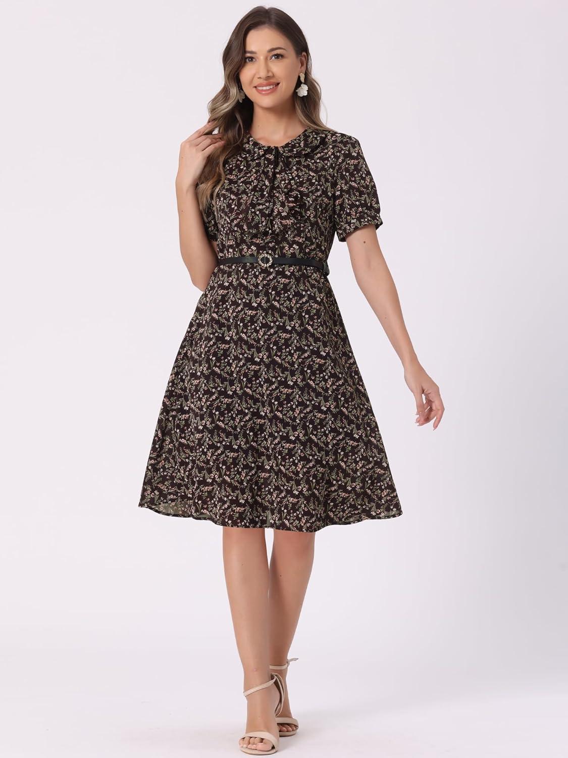 imageAllegra K Womens Peter Pan Collar Tie Neck Short Sleeves ALine Elegant Belted Vintage Floral DressBrown