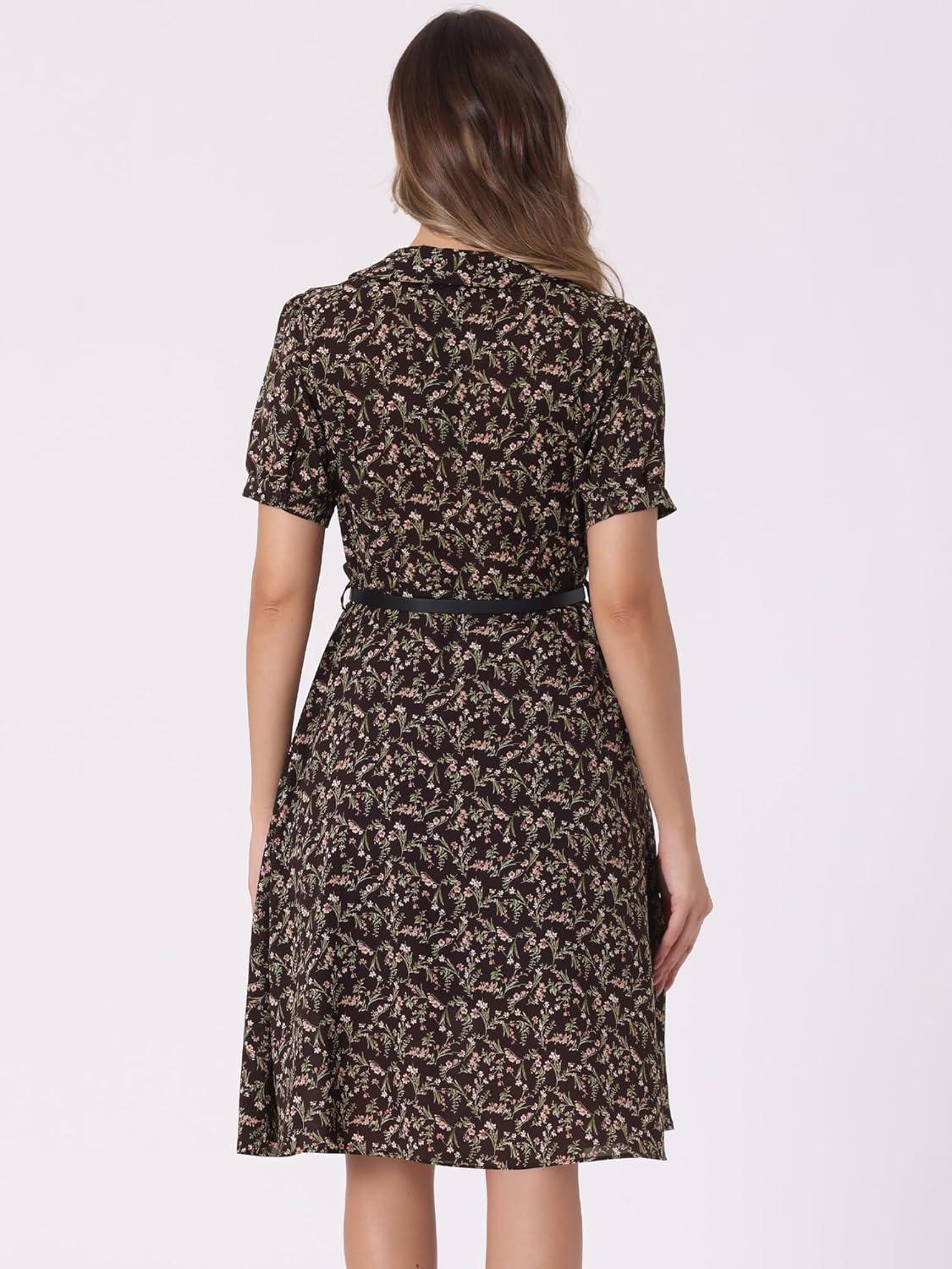 imageAllegra K Womens Peter Pan Collar Tie Neck Short Sleeves ALine Elegant Belted Vintage Floral DressBrown