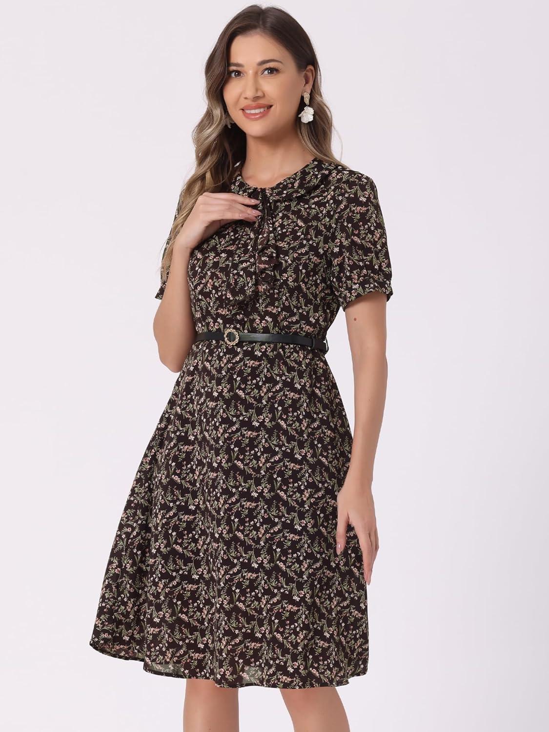 imageAllegra K Womens Peter Pan Collar Tie Neck Short Sleeves ALine Elegant Belted Vintage Floral DressBrown