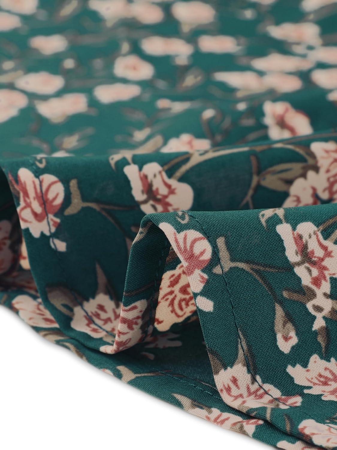 imageAllegra K Womens Peter Pan Collar Tie Neck Short Sleeves ALine Elegant Belted Vintage Floral DressDark Green