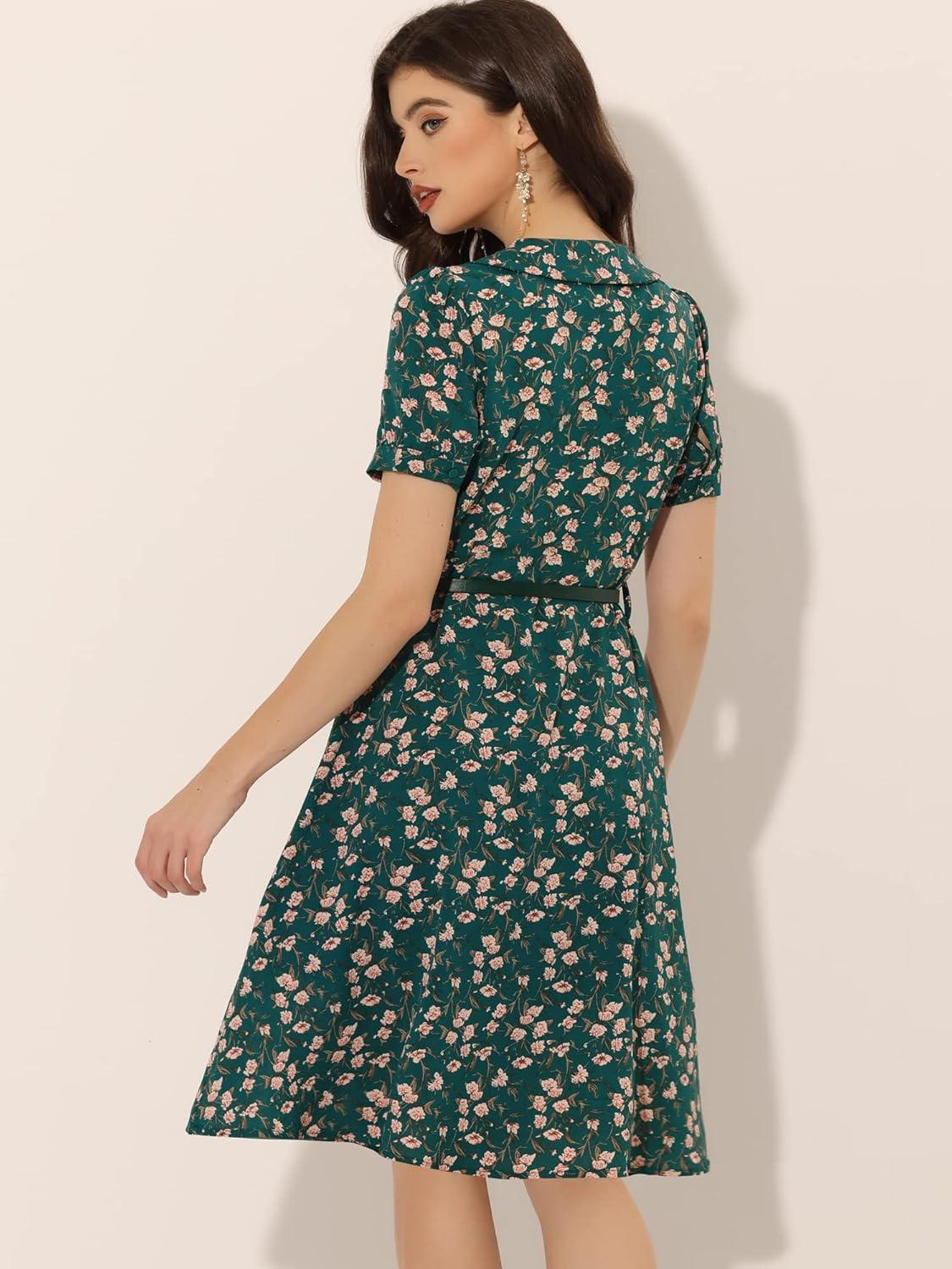 imageAllegra K Womens Peter Pan Collar Tie Neck Short Sleeves ALine Elegant Belted Vintage Floral DressDark Green