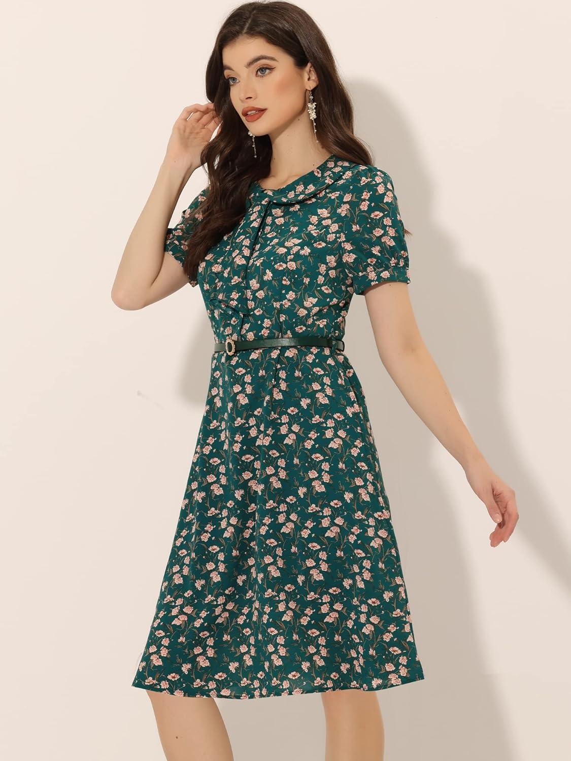 imageAllegra K Womens Peter Pan Collar Tie Neck Short Sleeves ALine Elegant Belted Vintage Floral DressDark Green