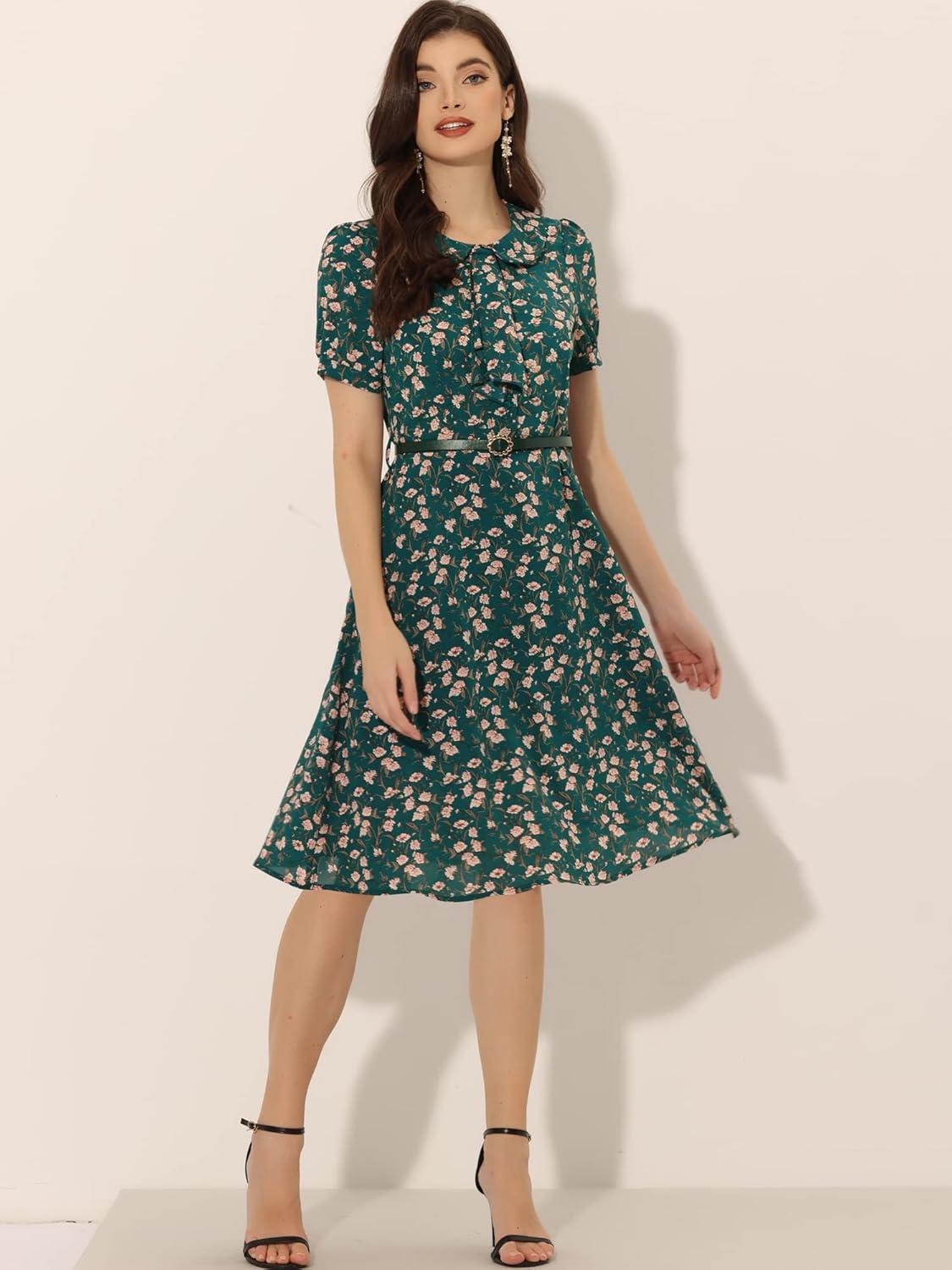 imageAllegra K Womens Peter Pan Collar Tie Neck Short Sleeves ALine Elegant Belted Vintage Floral DressDark Green