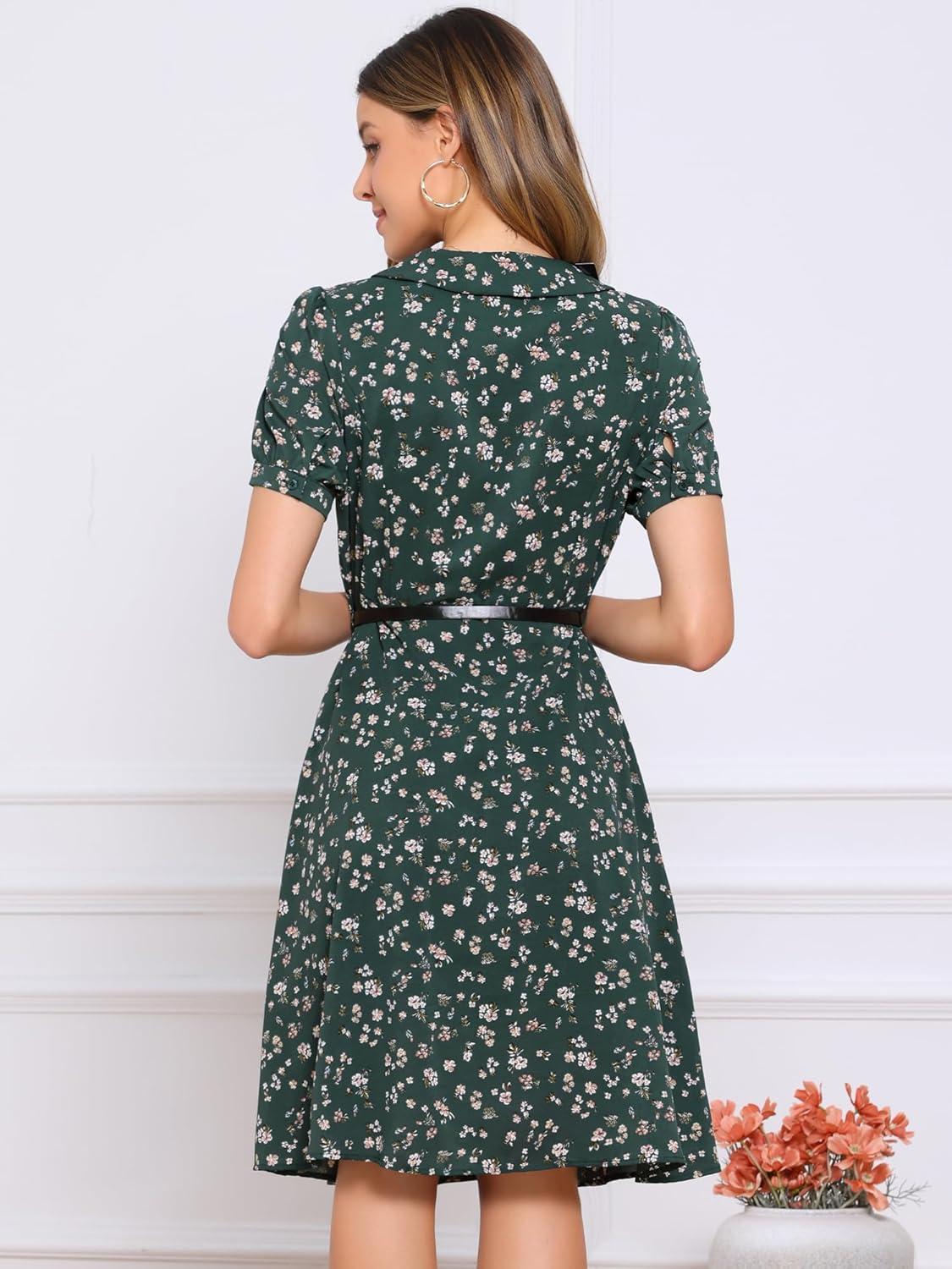 imageAllegra K Womens Peter Pan Collar Tie Neck Short Sleeves ALine Elegant Belted Vintage Floral DressGreen