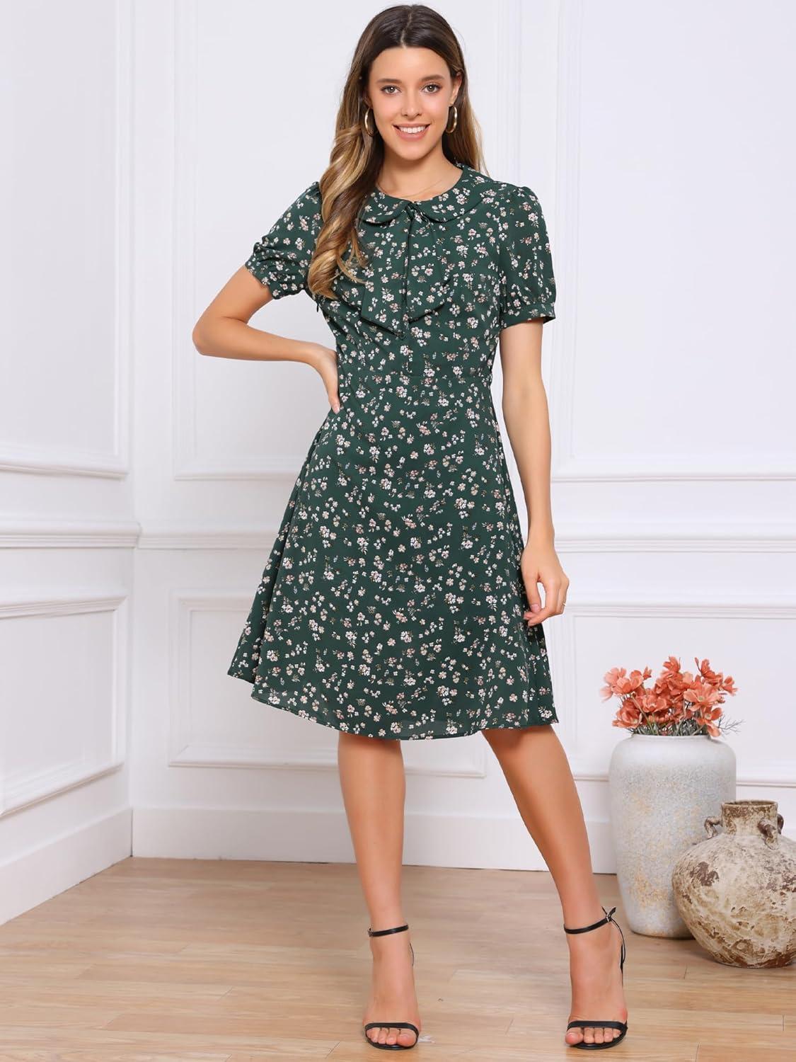 imageAllegra K Womens Peter Pan Collar Tie Neck Short Sleeves ALine Elegant Belted Vintage Floral DressGreen
