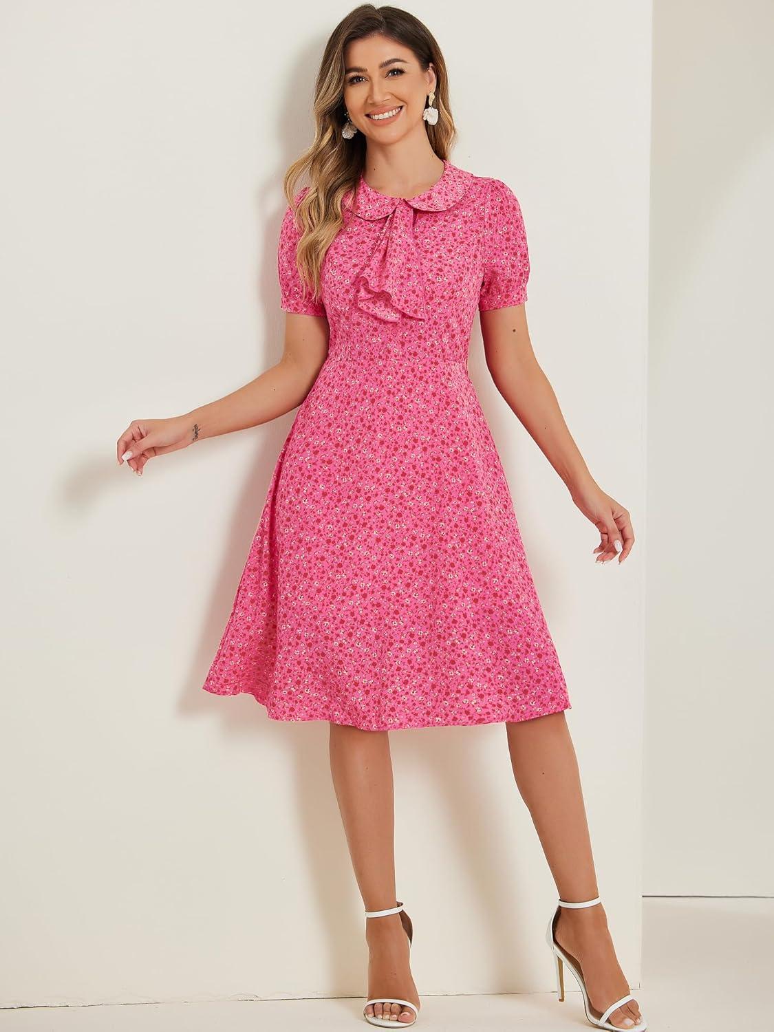 imageAllegra K Womens Peter Pan Collar Tie Neck Short Sleeves ALine Elegant Belted Vintage Floral DressHot Pink