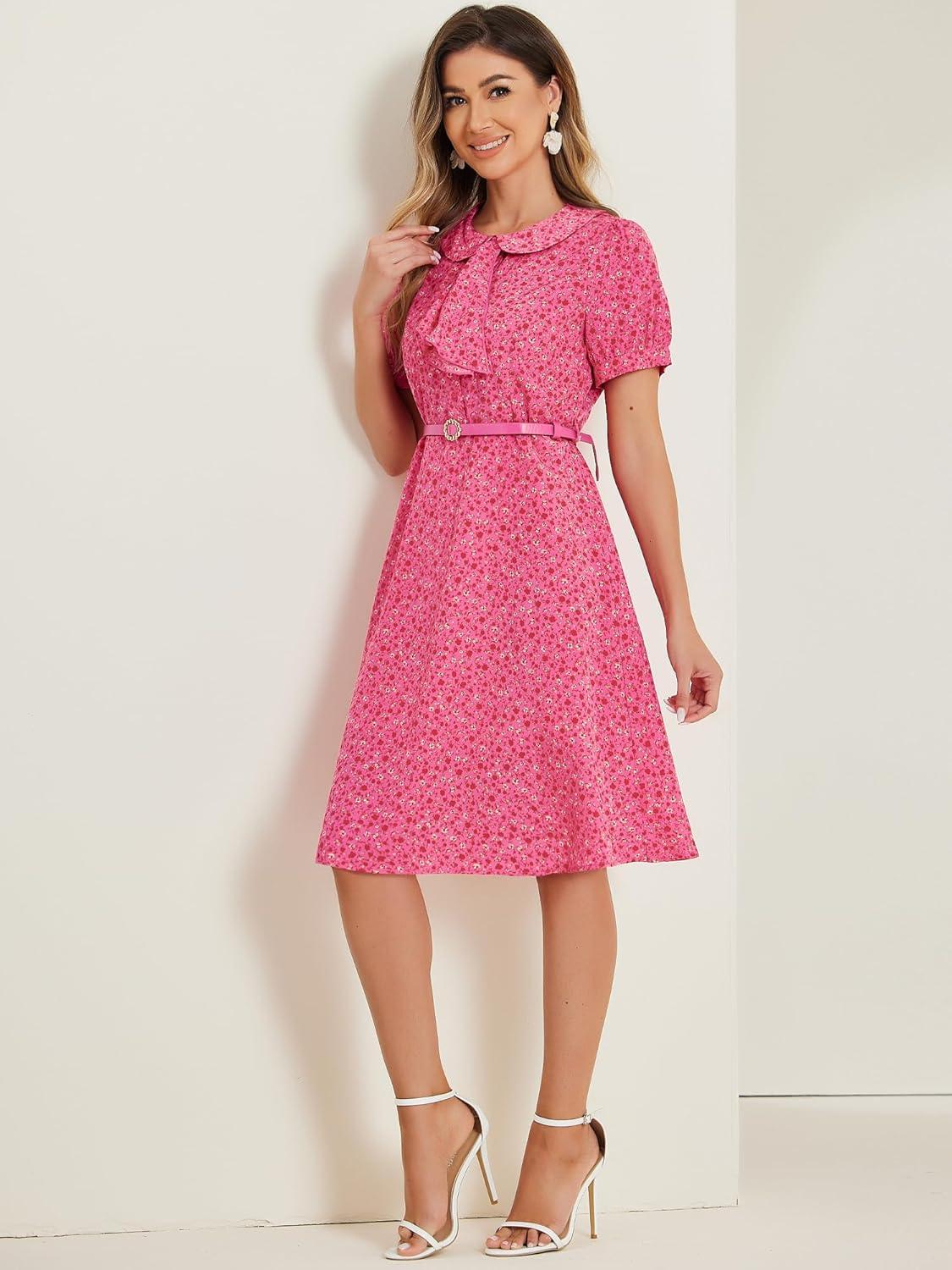 imageAllegra K Womens Peter Pan Collar Tie Neck Short Sleeves ALine Elegant Belted Vintage Floral DressHot Pink