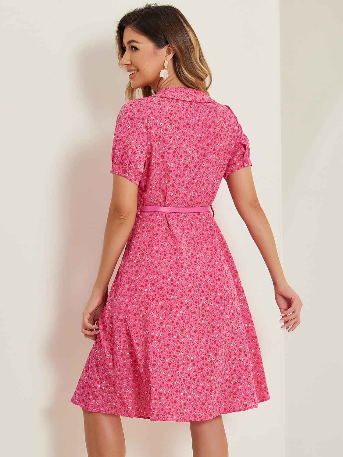 imageAllegra K Womens Peter Pan Collar Tie Neck Short Sleeves ALine Elegant Belted Vintage Floral DressHot Pink