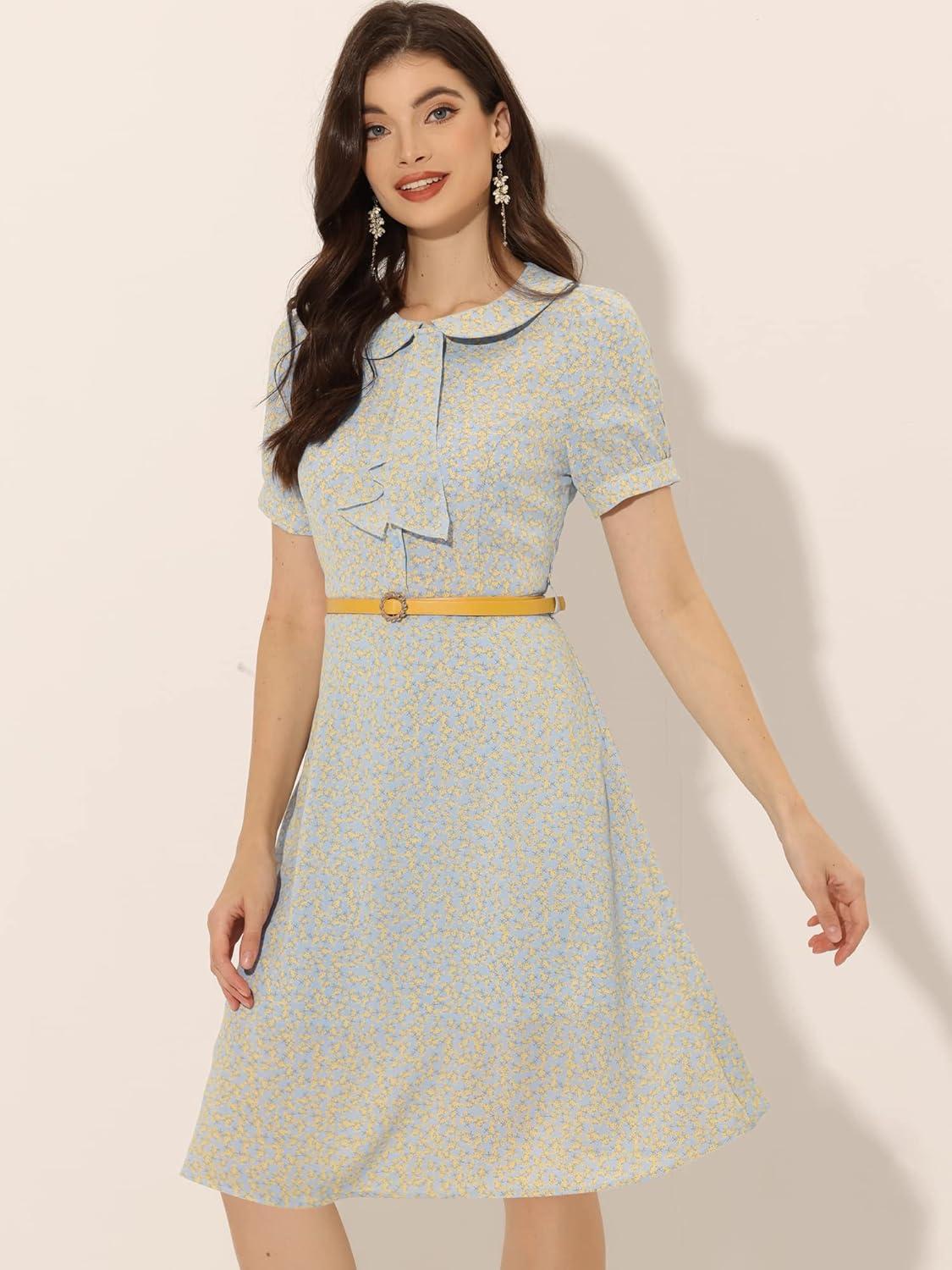 imageAllegra K Womens Peter Pan Collar Tie Neck Short Sleeves ALine Elegant Belted Vintage Floral DressLight Blue