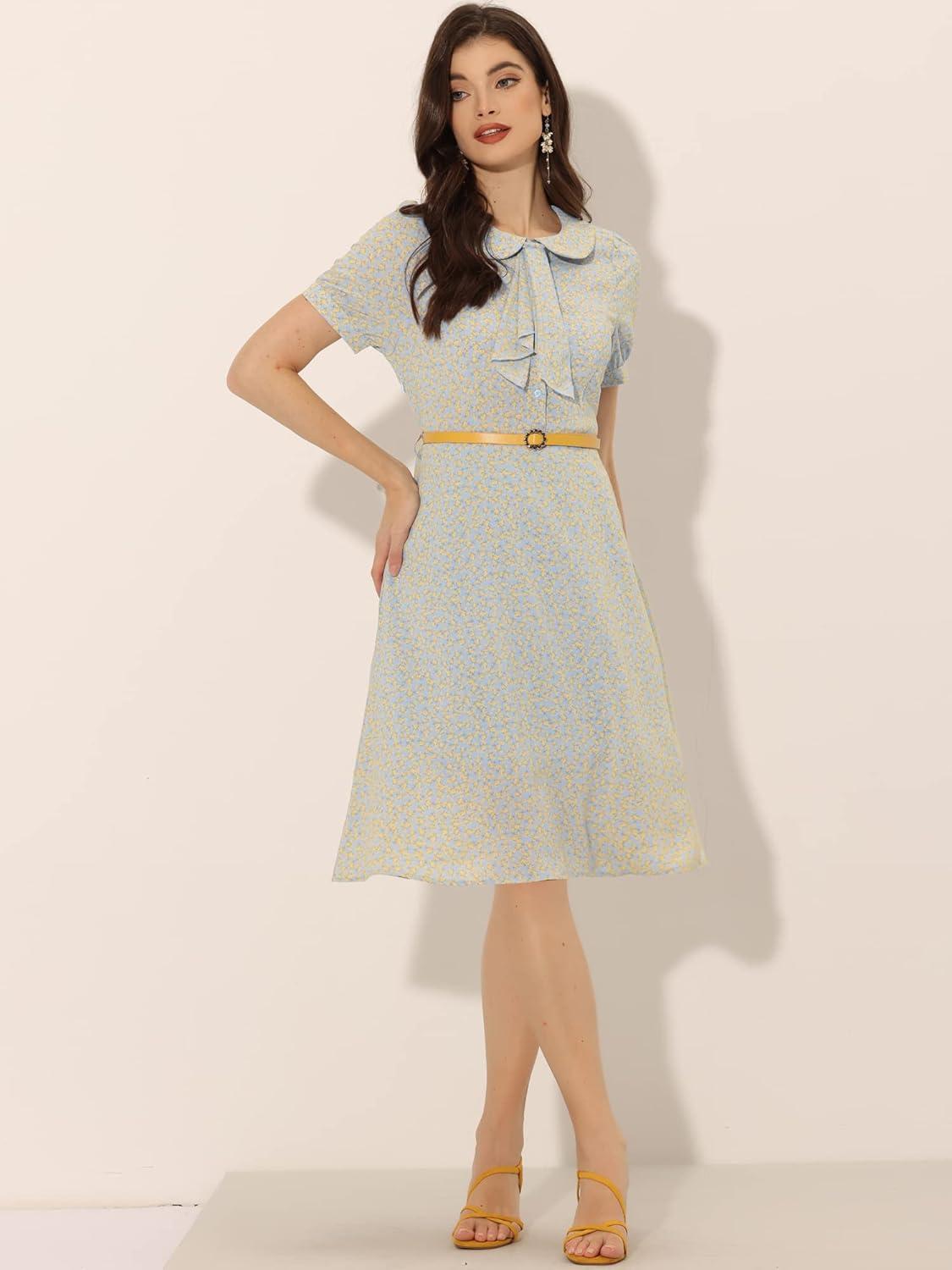 imageAllegra K Womens Peter Pan Collar Tie Neck Short Sleeves ALine Elegant Belted Vintage Floral DressLight Blue