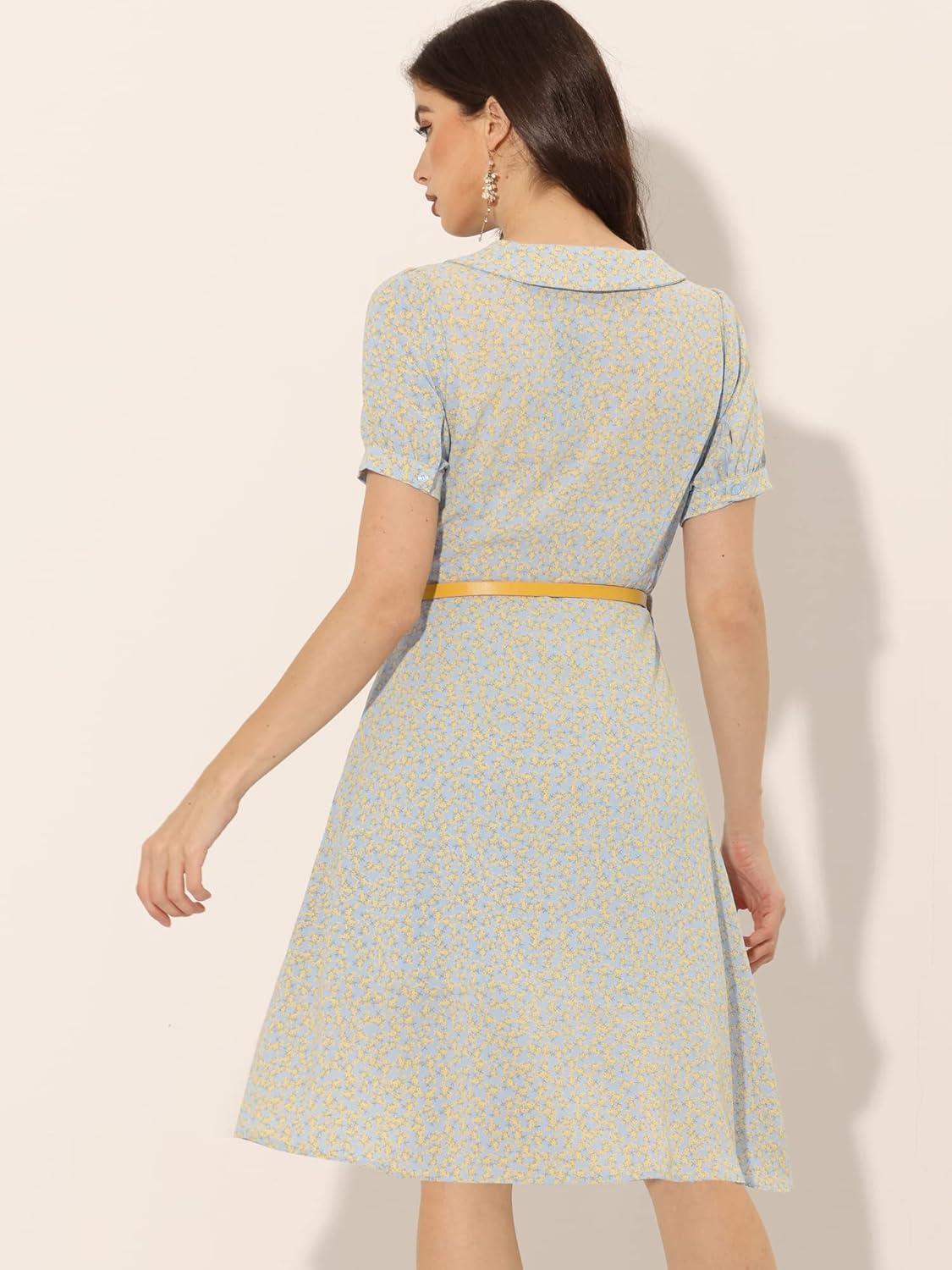 imageAllegra K Womens Peter Pan Collar Tie Neck Short Sleeves ALine Elegant Belted Vintage Floral DressLight Blue