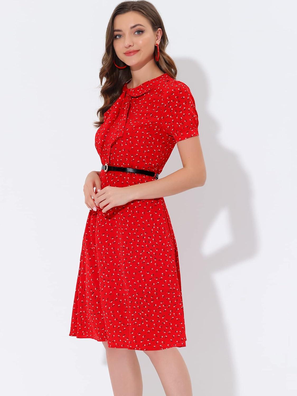 imageAllegra K Womens Peter Pan Collar Tie Neck Short Sleeves ALine Elegant Belted Vintage Floral DressRed