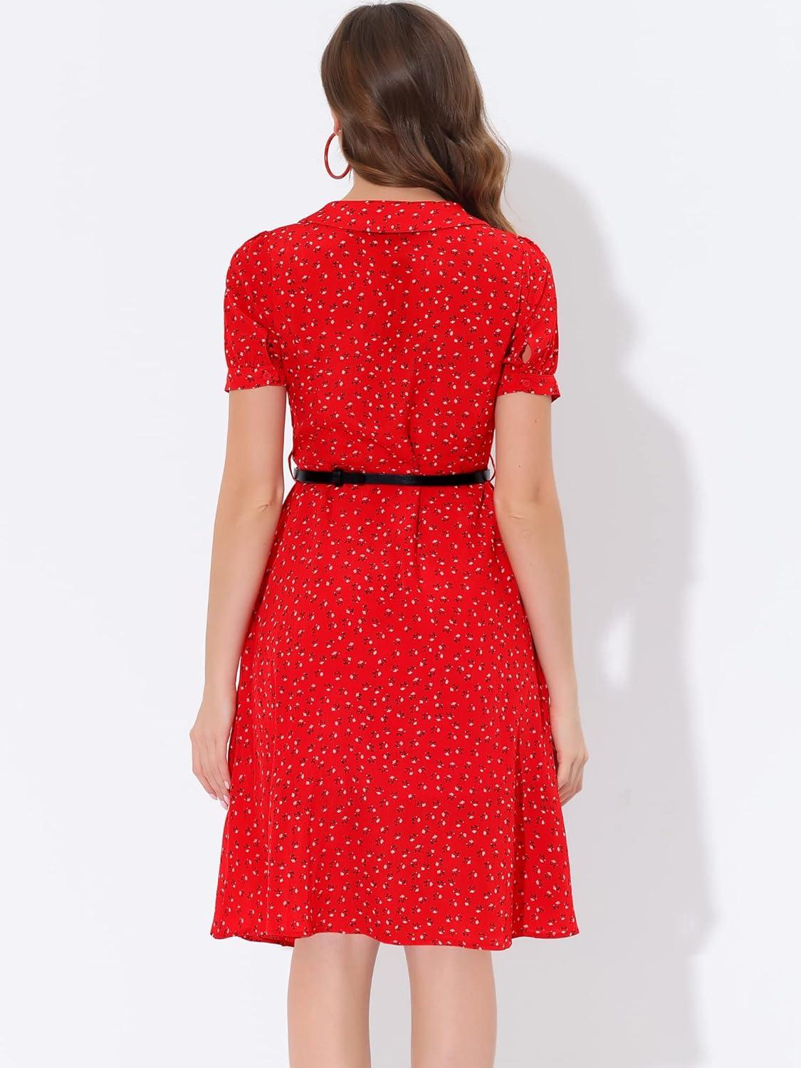 imageAllegra K Womens Peter Pan Collar Tie Neck Short Sleeves ALine Elegant Belted Vintage Floral DressRed