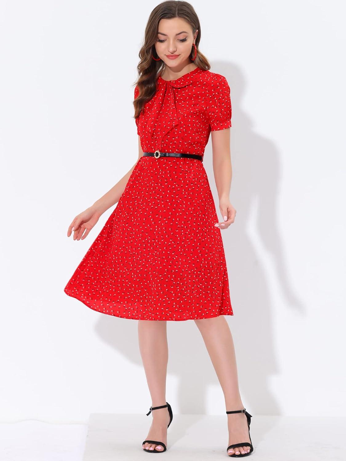 imageAllegra K Womens Peter Pan Collar Tie Neck Short Sleeves ALine Elegant Belted Vintage Floral DressRed