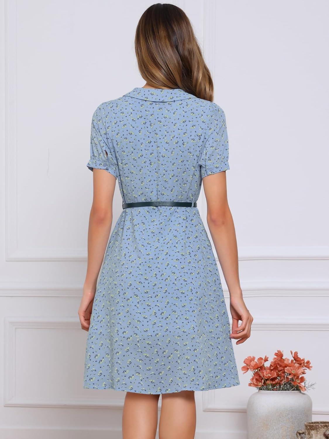 imageAllegra K Womens Peter Pan Collar Tie Neck Short Sleeves ALine Elegant Belted Vintage Floral DressSky Blue