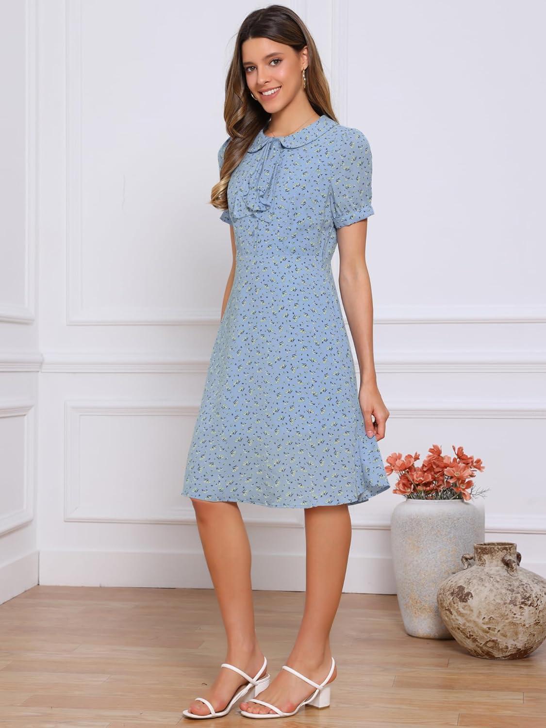 imageAllegra K Womens Peter Pan Collar Tie Neck Short Sleeves ALine Elegant Belted Vintage Floral DressSky Blue