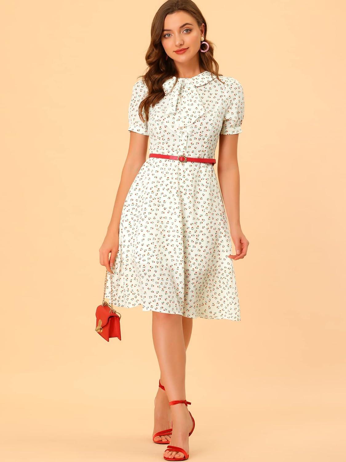 imageAllegra K Womens Peter Pan Collar Tie Neck Short Sleeves ALine Elegant Belted Vintage Floral DressWhite