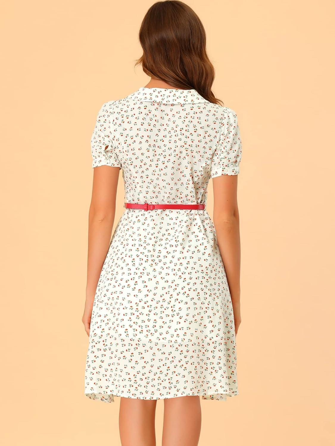 imageAllegra K Womens Peter Pan Collar Tie Neck Short Sleeves ALine Elegant Belted Vintage Floral DressWhite