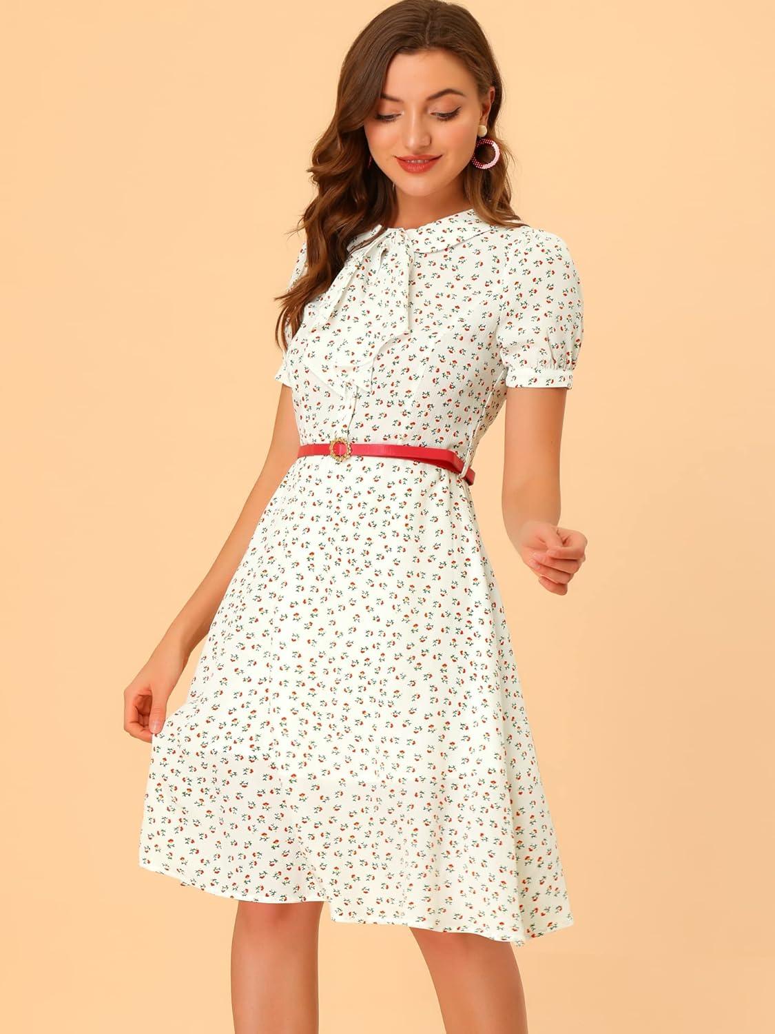 imageAllegra K Womens Peter Pan Collar Tie Neck Short Sleeves ALine Elegant Belted Vintage Floral DressWhite