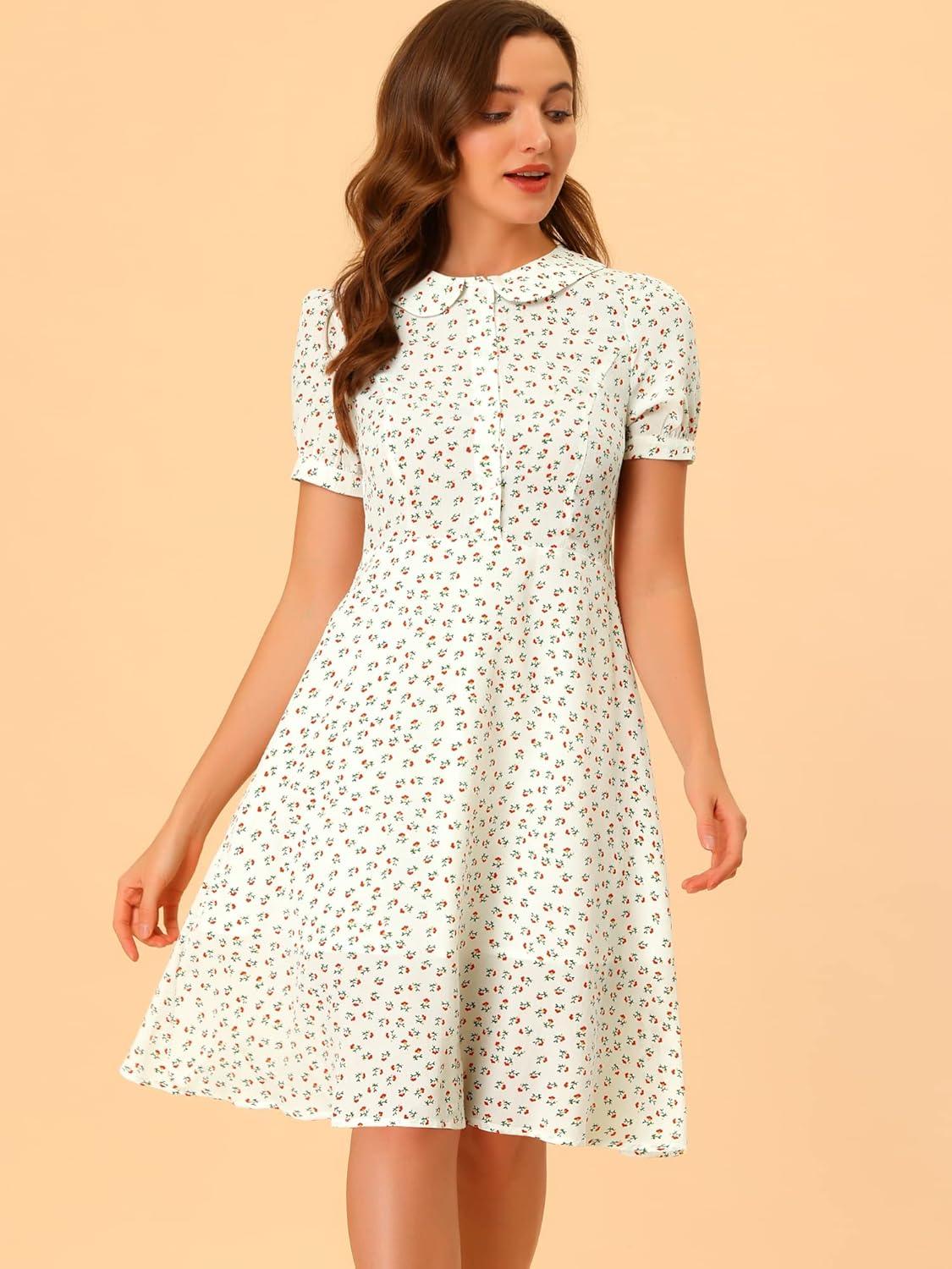 imageAllegra K Womens Peter Pan Collar Tie Neck Short Sleeves ALine Elegant Belted Vintage Floral DressWhite