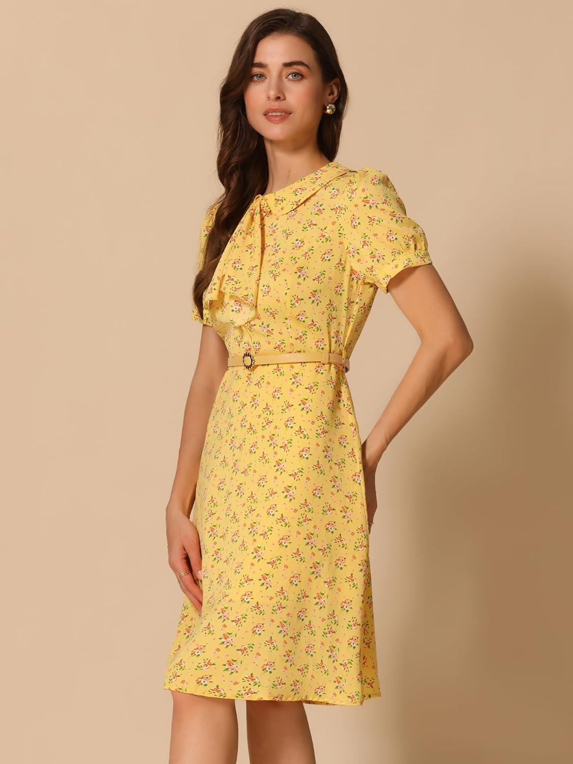 imageAllegra K Womens Peter Pan Collar Tie Neck Short Sleeves ALine Elegant Belted Vintage Floral DressYellow