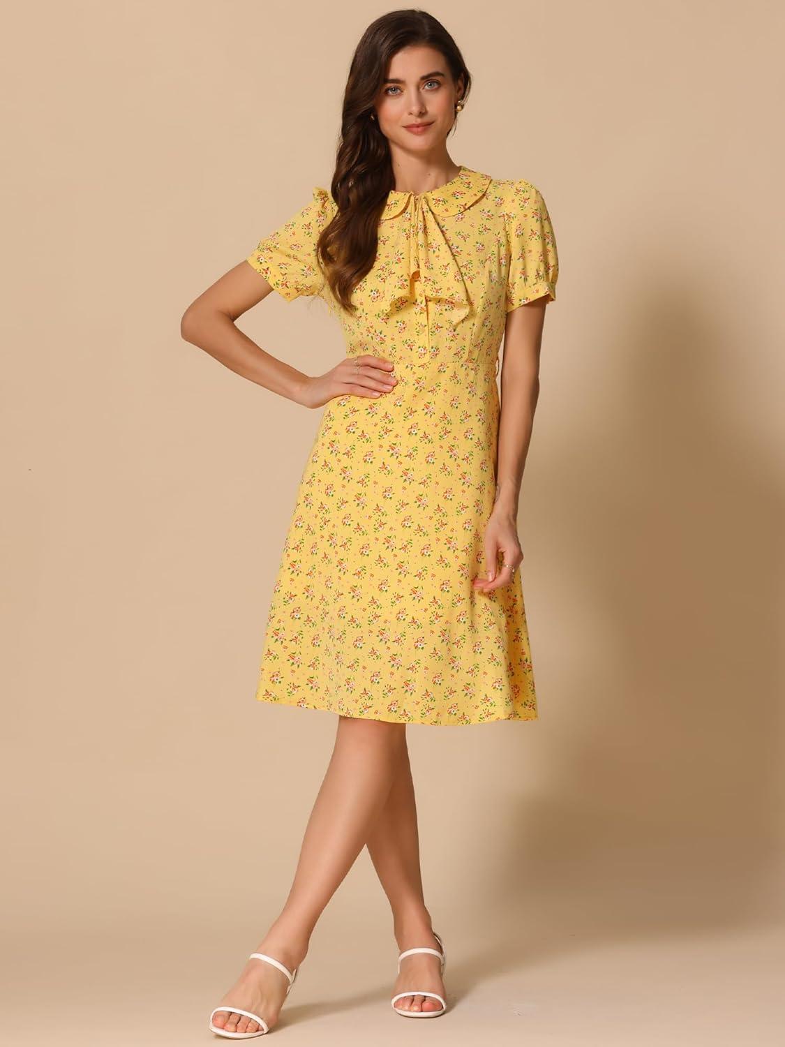 imageAllegra K Womens Peter Pan Collar Tie Neck Short Sleeves ALine Elegant Belted Vintage Floral DressYellow