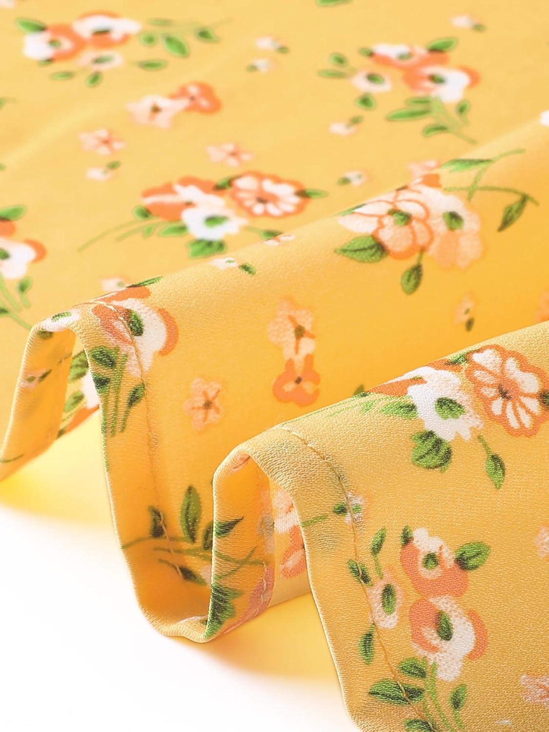 imageAllegra K Womens Peter Pan Collar Tie Neck Short Sleeves ALine Elegant Belted Vintage Floral DressYellow