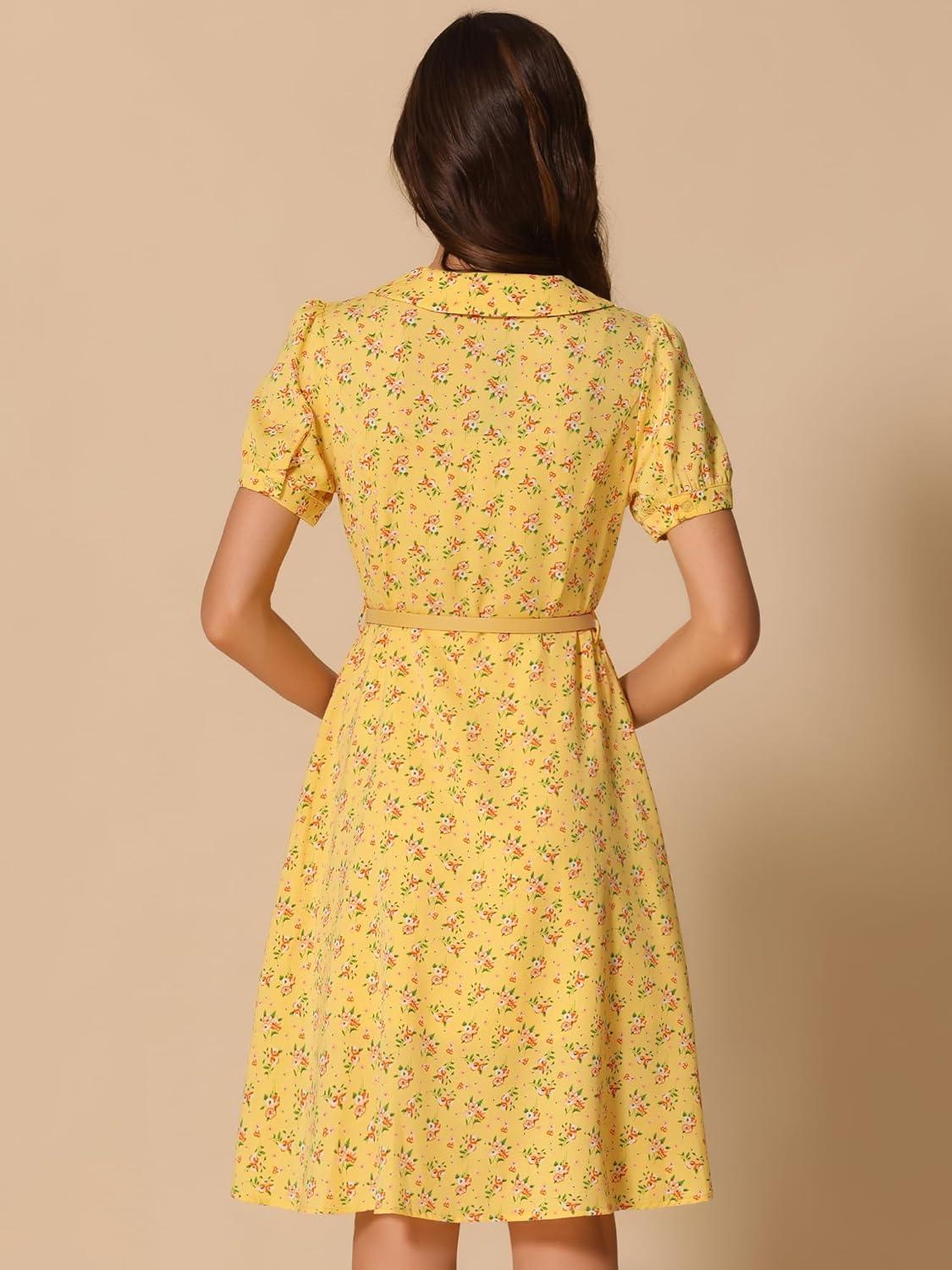 imageAllegra K Womens Peter Pan Collar Tie Neck Short Sleeves ALine Elegant Belted Vintage Floral DressYellow