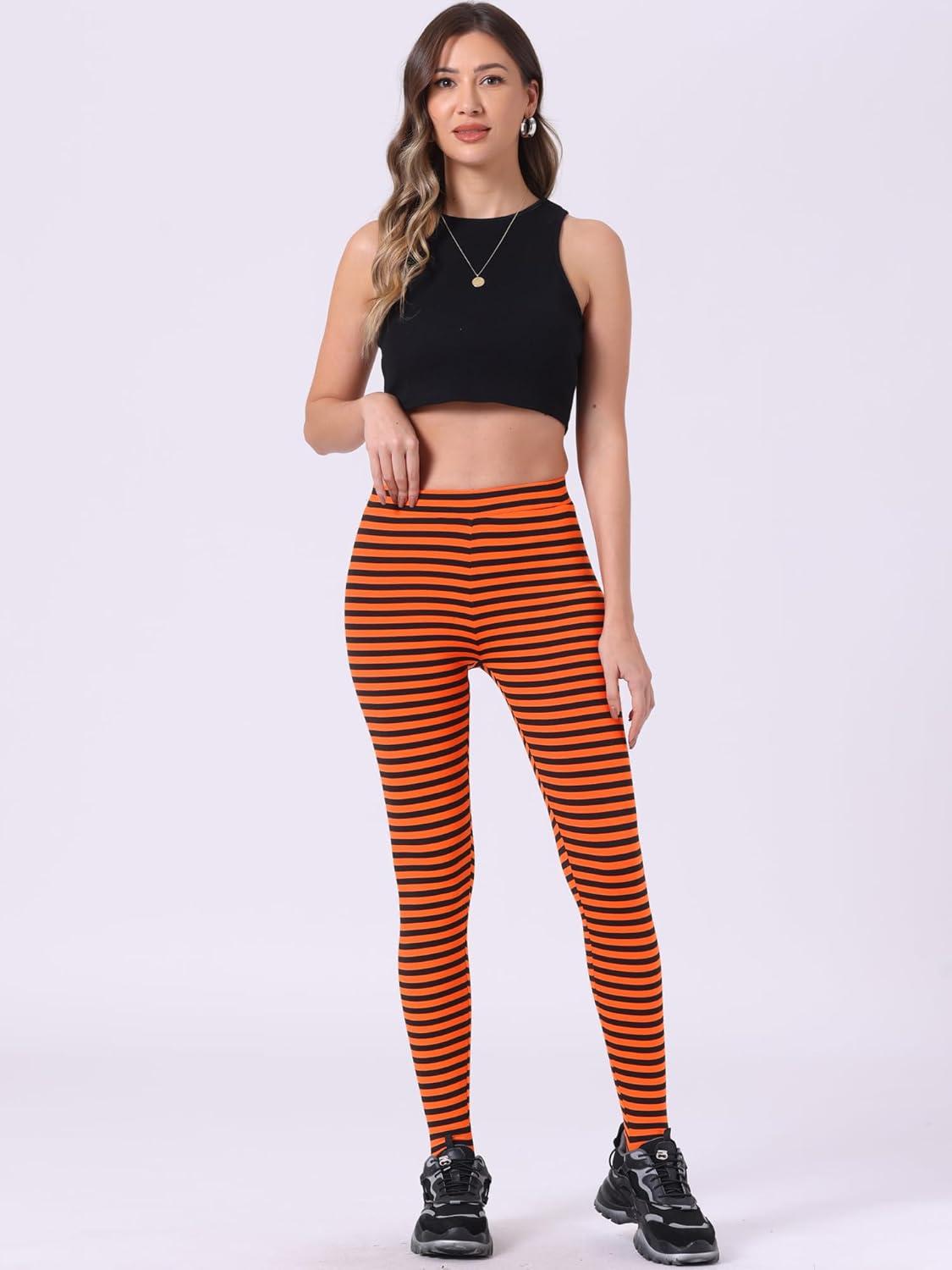 imageAllegra K Womens Rainbow Leggings Printed High Waist Elastic Waistband Party Yoga Stirrup PantsBlack Orangestripe