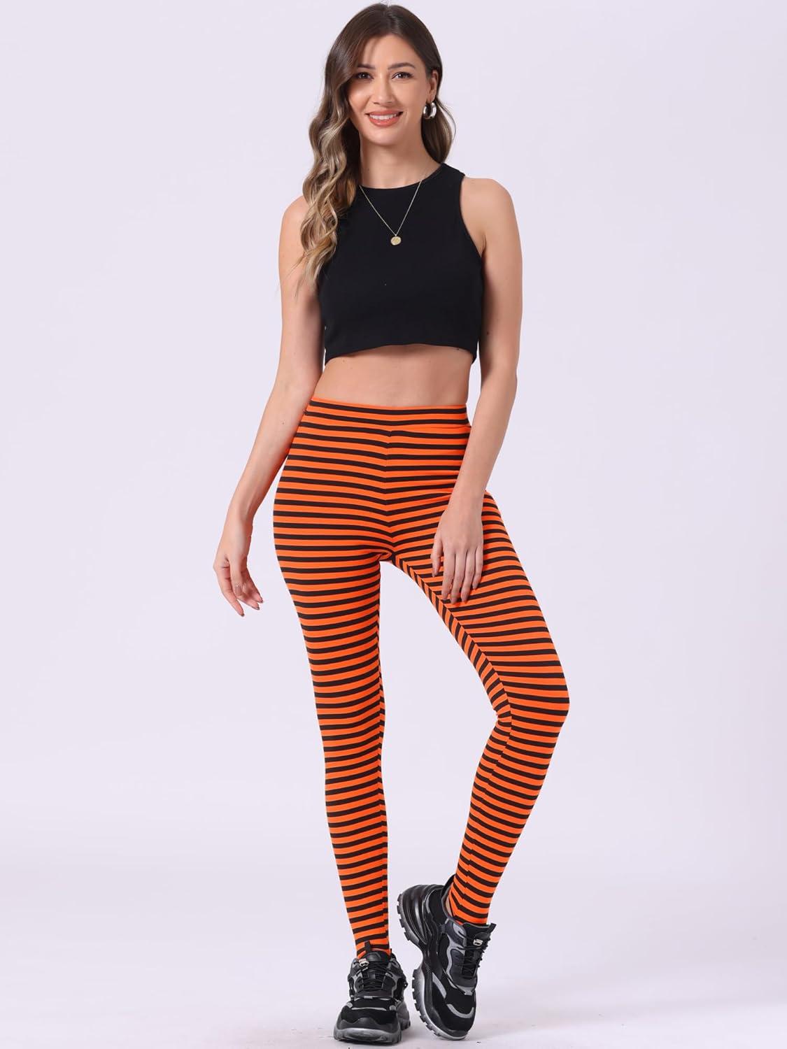 imageAllegra K Womens Rainbow Leggings Printed High Waist Elastic Waistband Party Yoga Stirrup PantsBlack Orangestripe