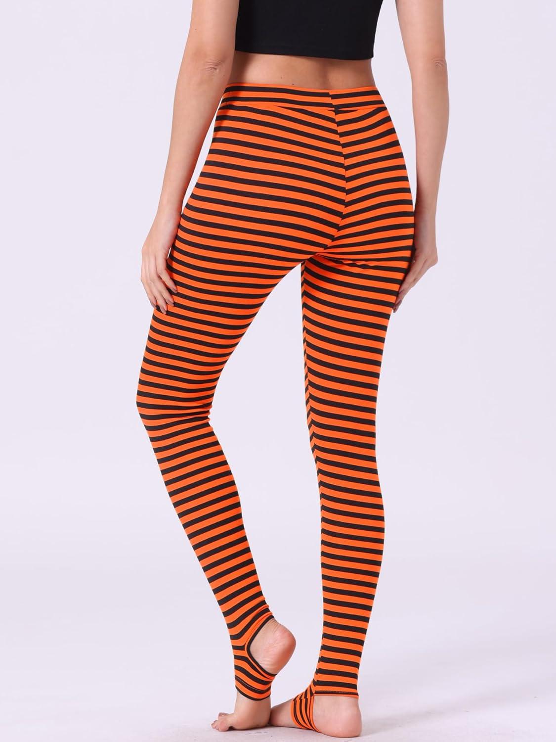 imageAllegra K Womens Rainbow Leggings Printed High Waist Elastic Waistband Party Yoga Stirrup PantsBlack Orangestripe