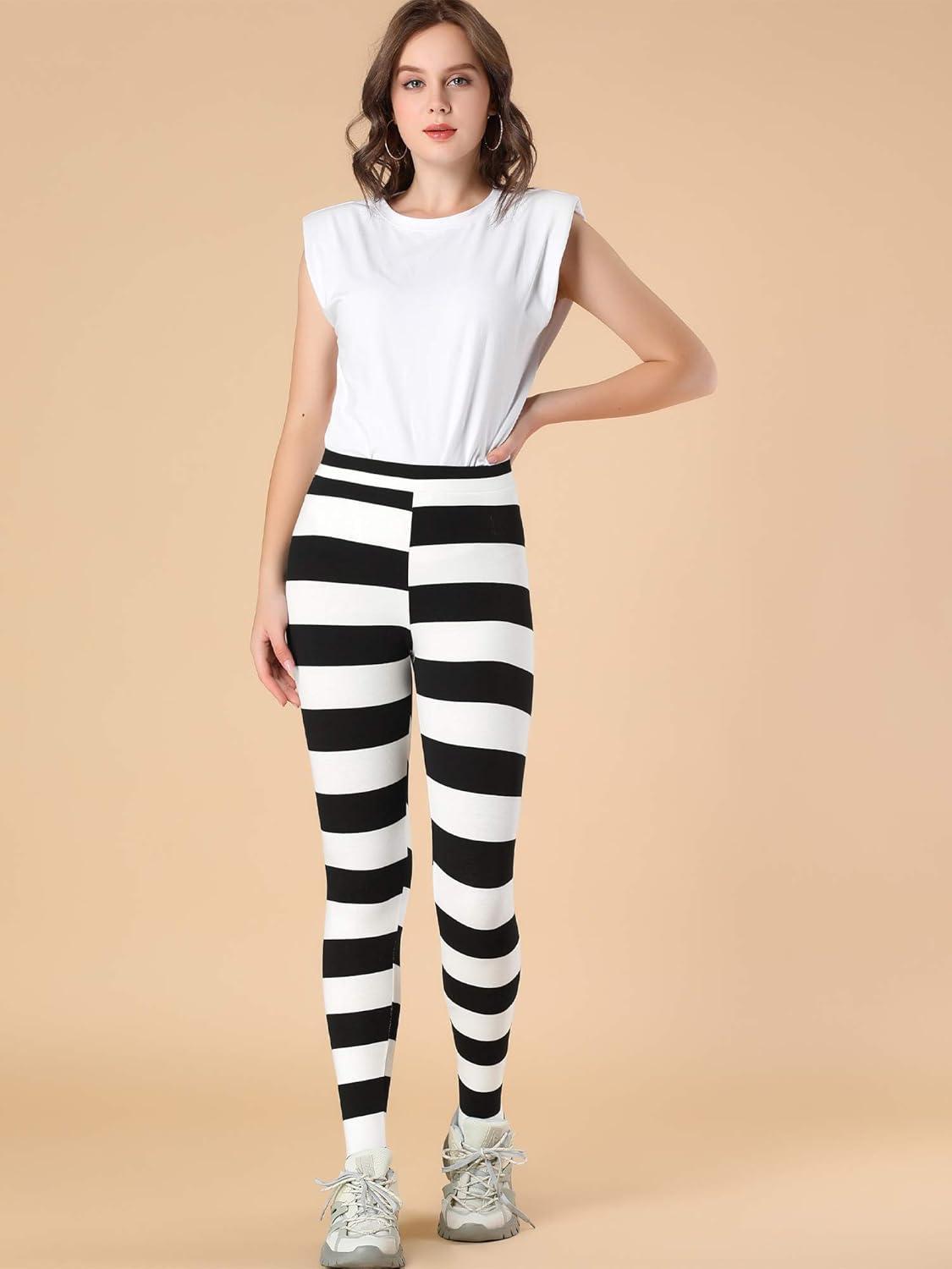 imageAllegra K Womens Rainbow Leggings Printed High Waist Elastic Waistband Party Yoga Stirrup PantsBlack Whitestripe