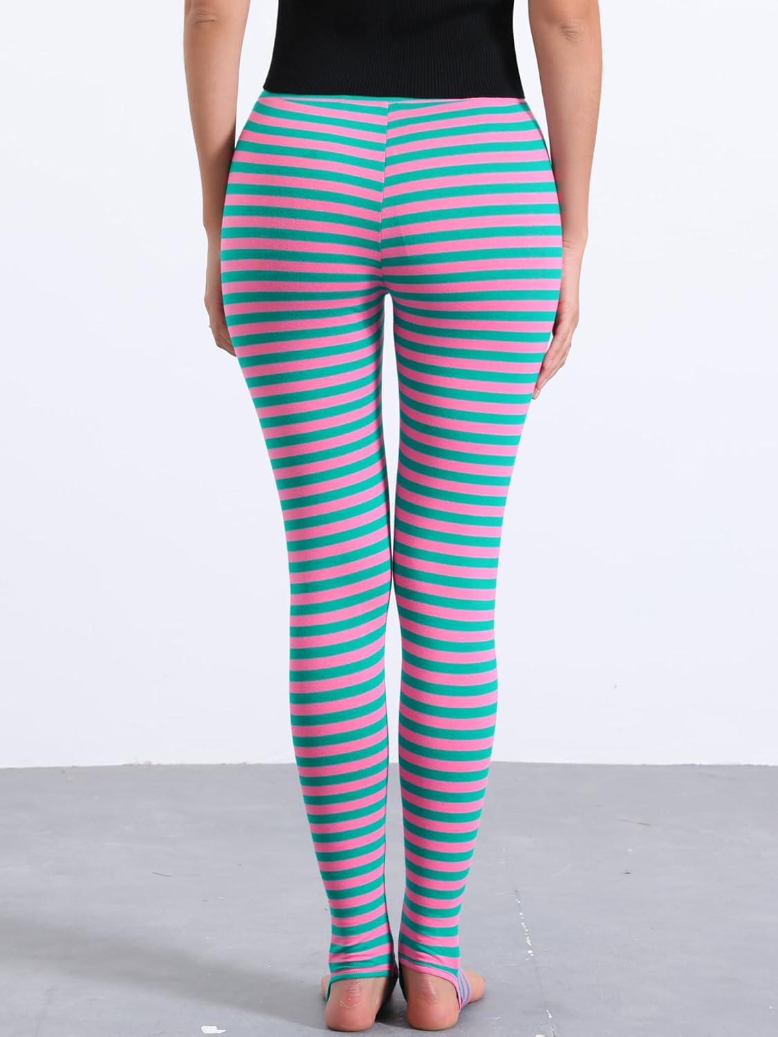 imageAllegra K Womens Rainbow Leggings Printed High Waist Elastic Waistband Party Yoga Stirrup PantsGreen Pinkstripe