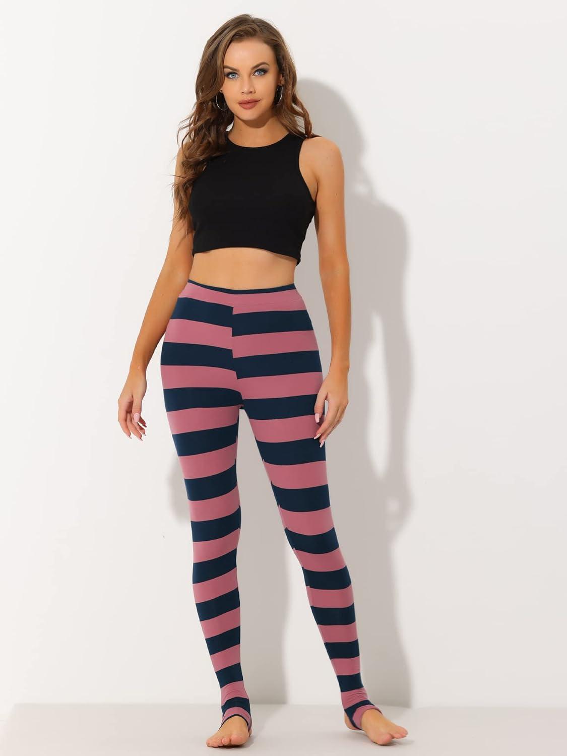imageAllegra K Womens Rainbow Leggings Printed High Waist Elastic Waistband Party Yoga Stirrup PantsNavy Pinkstripe
