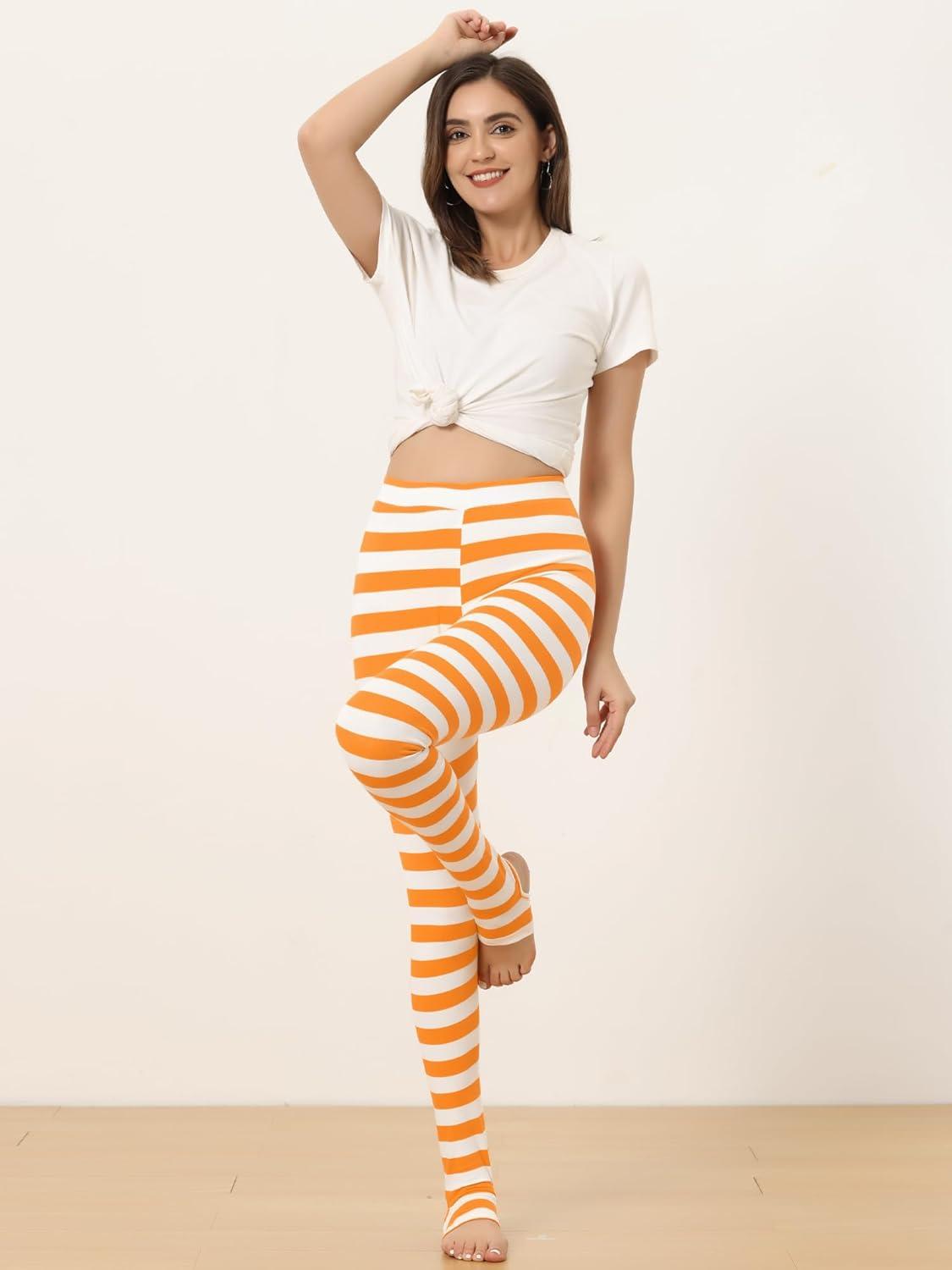 imageAllegra K Womens Rainbow Leggings Printed High Waist Elastic Waistband Party Yoga Stirrup PantsOrange Whitestripe