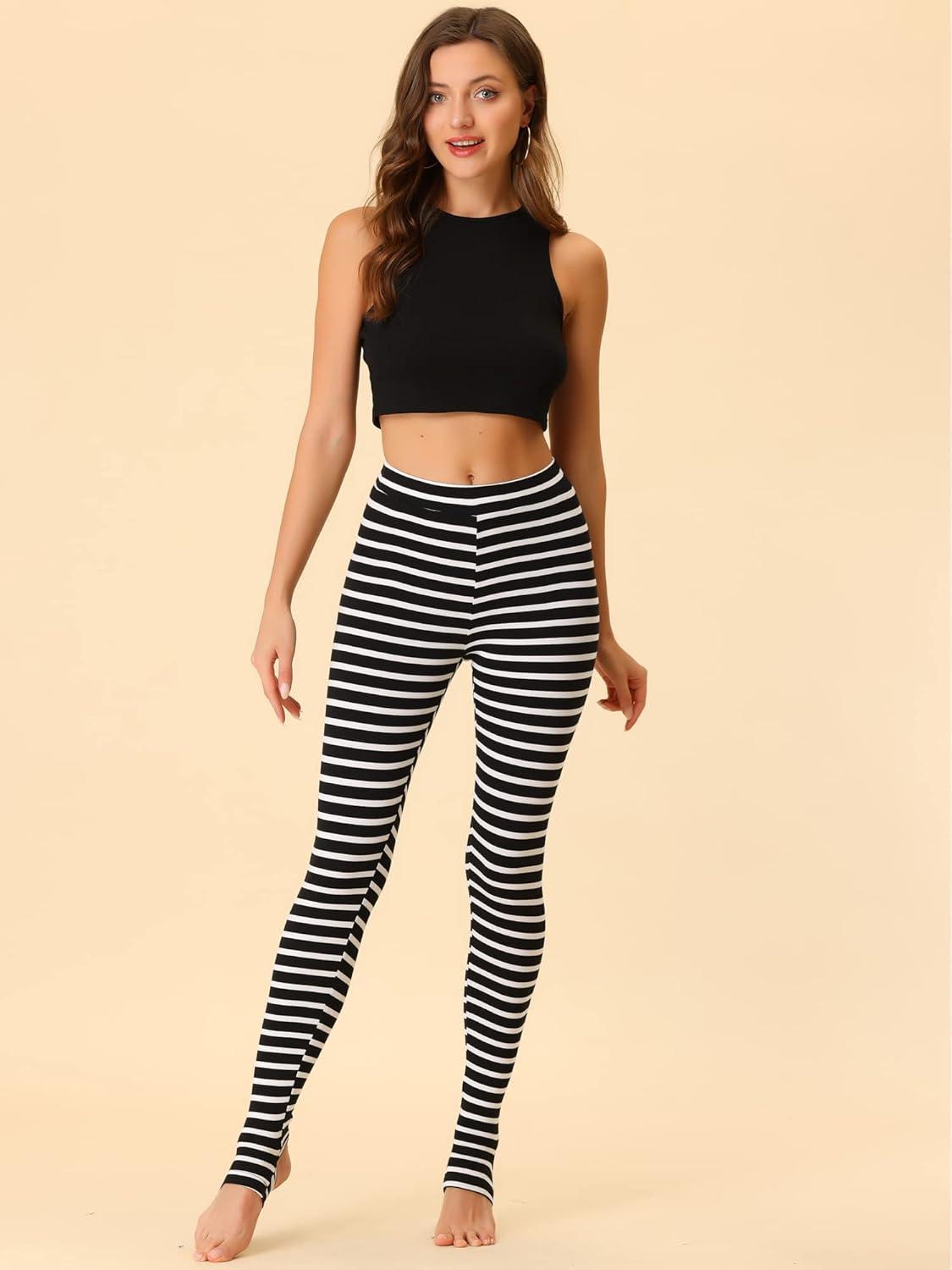 imageAllegra K Womens Rainbow Leggings Printed High Waist Elastic Waistband Party Yoga Stirrup PantsWhite Blackcolor Stripe