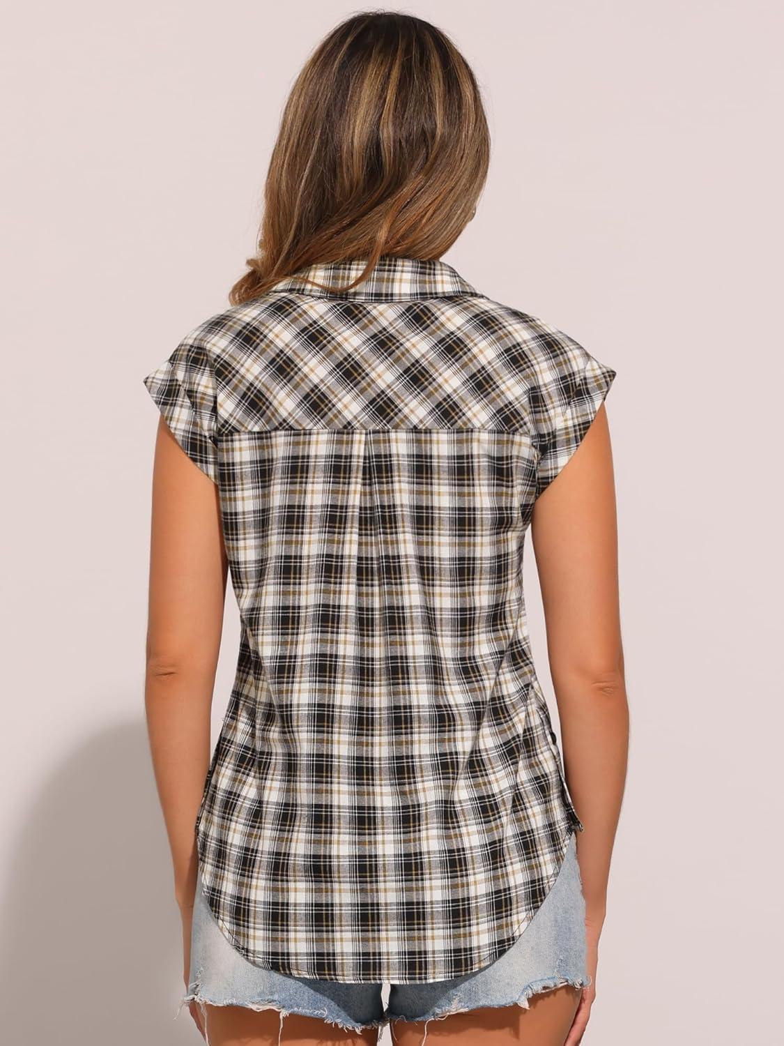 imageAllegra K Womens St Patricks Day Plaid Tops Casual Short Sleeves Western Button Down ShirtBlack White