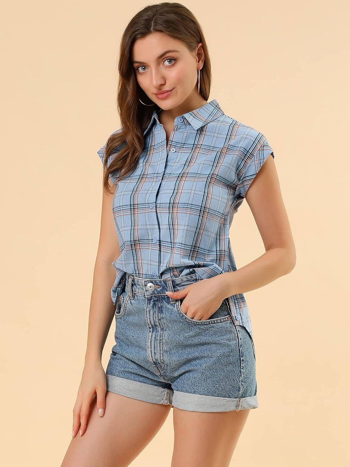 imageAllegra K Womens St Patricks Day Plaid Tops Casual Short Sleeves Western Button Down ShirtBlue