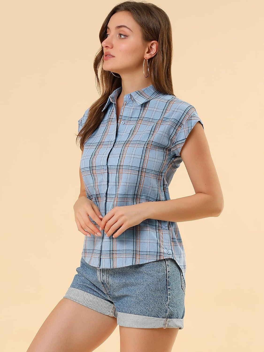 imageAllegra K Womens St Patricks Day Plaid Tops Casual Short Sleeves Western Button Down ShirtBlue