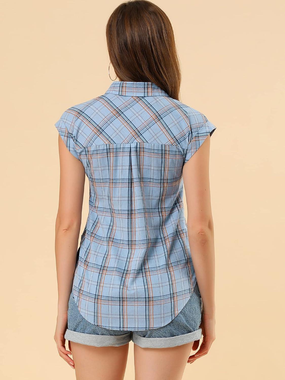imageAllegra K Womens St Patricks Day Plaid Tops Casual Short Sleeves Western Button Down ShirtBlue