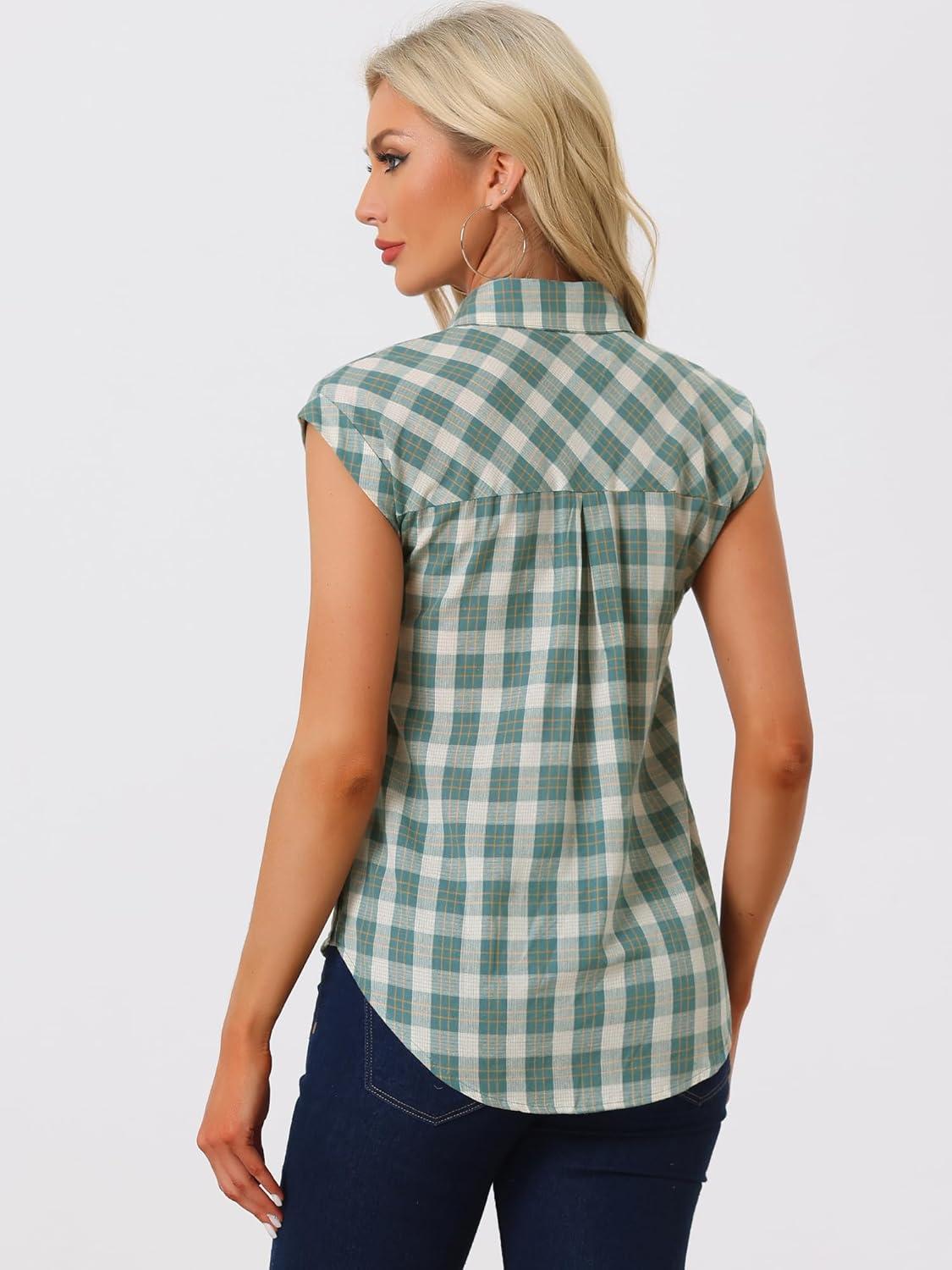 imageAllegra K Womens St Patricks Day Plaid Tops Casual Short Sleeves Western Button Down ShirtGreen White
